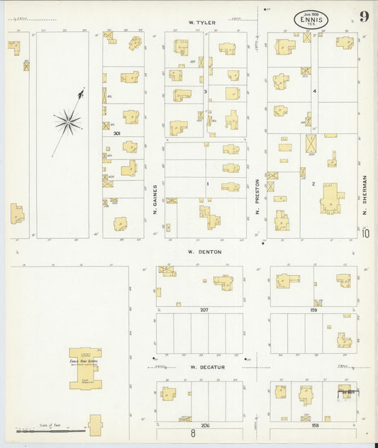 Sanborn Fire Insurance Map from Ennis, Ellis County, Texas (1909), Sheet #0009 - Historic Sanborn Fire Insurance Map Print, vintage old map wall art, antique decor, genealogy gift, Texas Texas map
