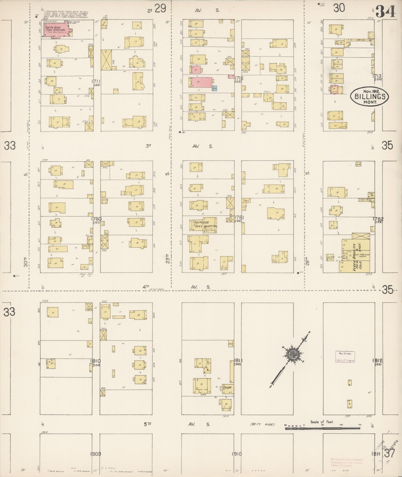Sanborn Fire Insurance Map from Billings, Yellowstone County, Montana (1912), Sheet #0034 - Historic Sanborn Fire Insurance Map Print, vintage old map wall art, antique decor, genealogy gift, Montana Montana map