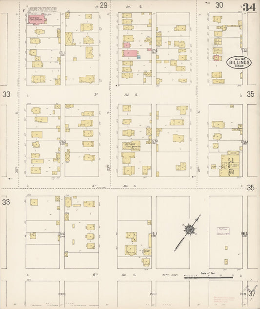 Sanborn Fire Insurance Map from Billings, Yellowstone County, Montana (1912), Sheet #0034 - Historic Sanborn Fire Insurance Map Print, vintage old map wall art, antique decor, genealogy gift, Montana Montana map
