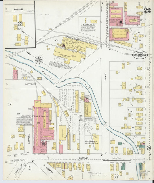 Sanborn Fire Insurance Map from Kalamazoo, Kalamazoo County, Michigan (1902), Sheet #0022 - Historic Sanborn Fire Insurance Map Print, vintage old map wall art, antique decor, genealogy gift, Michigan Michigan map