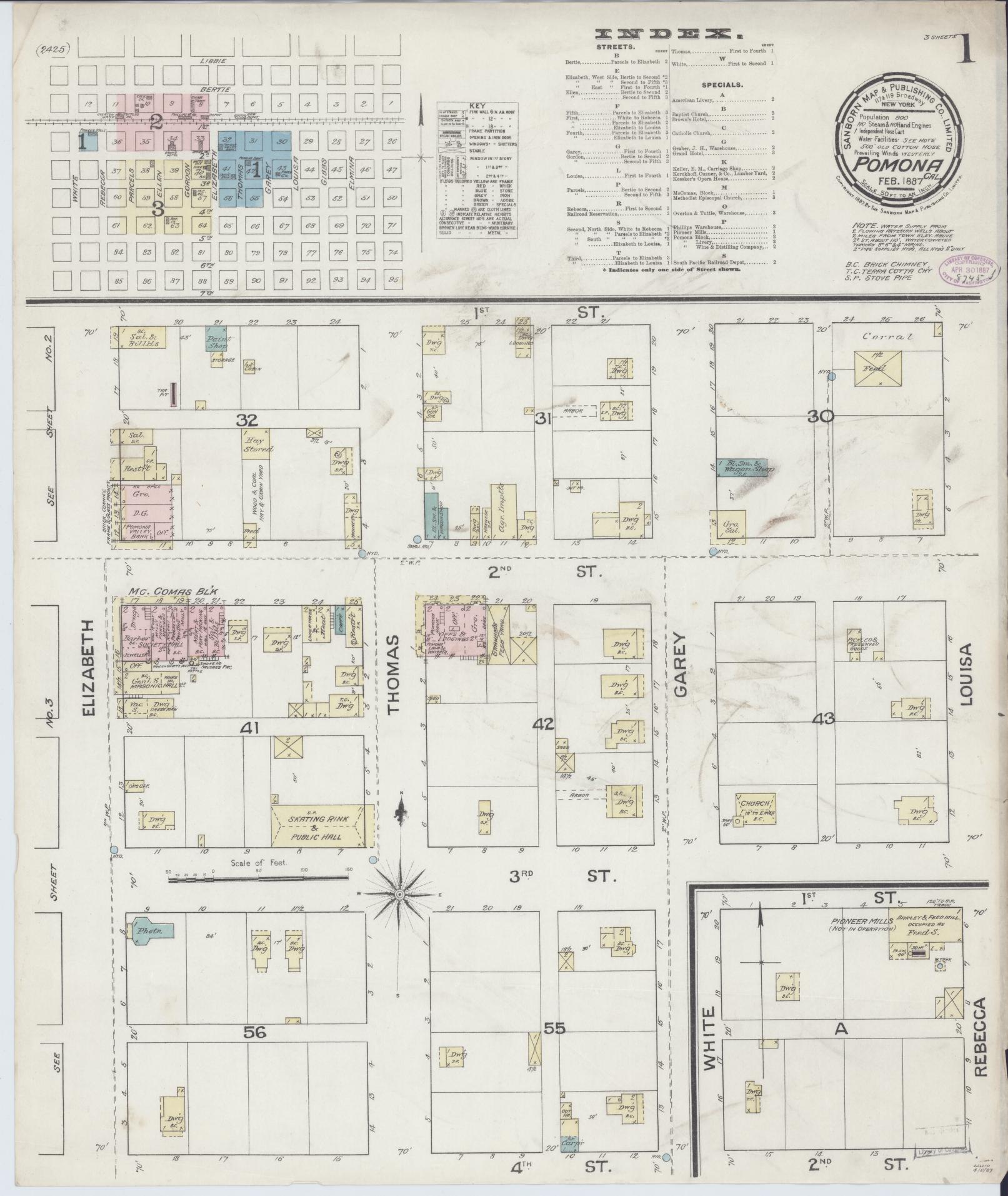 Sanborn Fire Insurance Map from Pomona, Los Angeles County, California (1887), Sheet #0001 - Complete Map Set gallery image, historic Sanborn map, vintage wall art, California California
