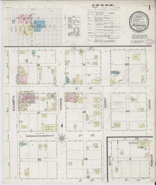 Sanborn Fire Insurance Map from Pomona, Los Angeles County, California (1887), Sheet #0001 - Complete Map Set gallery image, historic Sanborn map, vintage wall art, California California