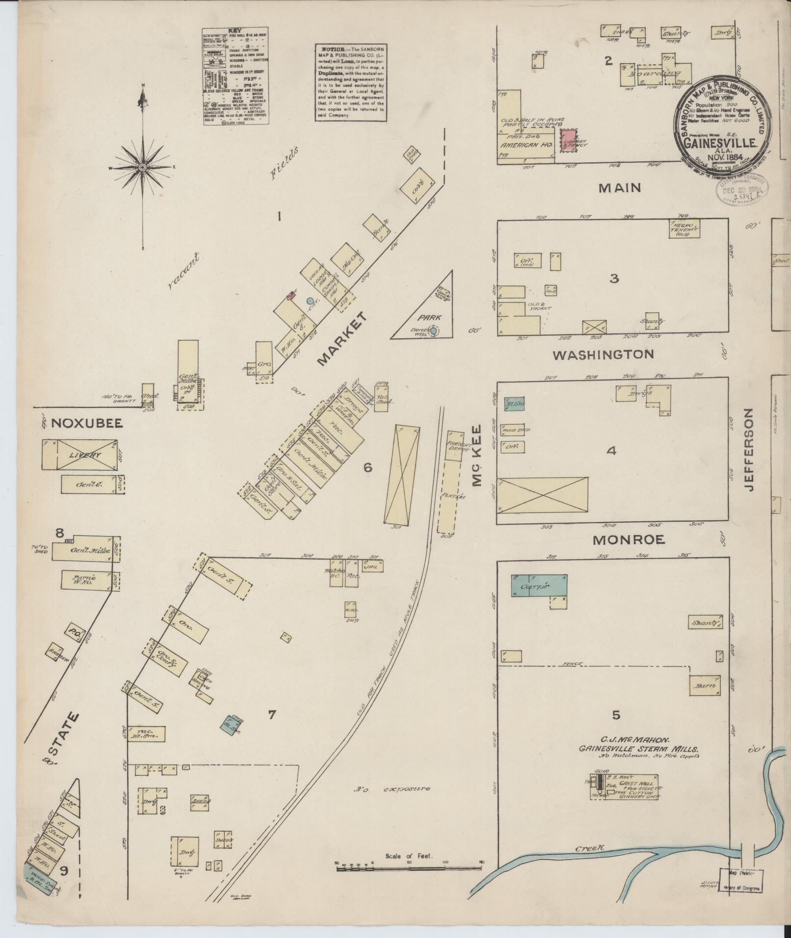 Sanborn Fire Insurance Map from Gainesville, Sumter County, Alabama (1884), Sheet #0001 - Historic Sanborn Fire Insurance Map Print, vintage old map wall art, antique decor, genealogy gift, Alabama Alabama map