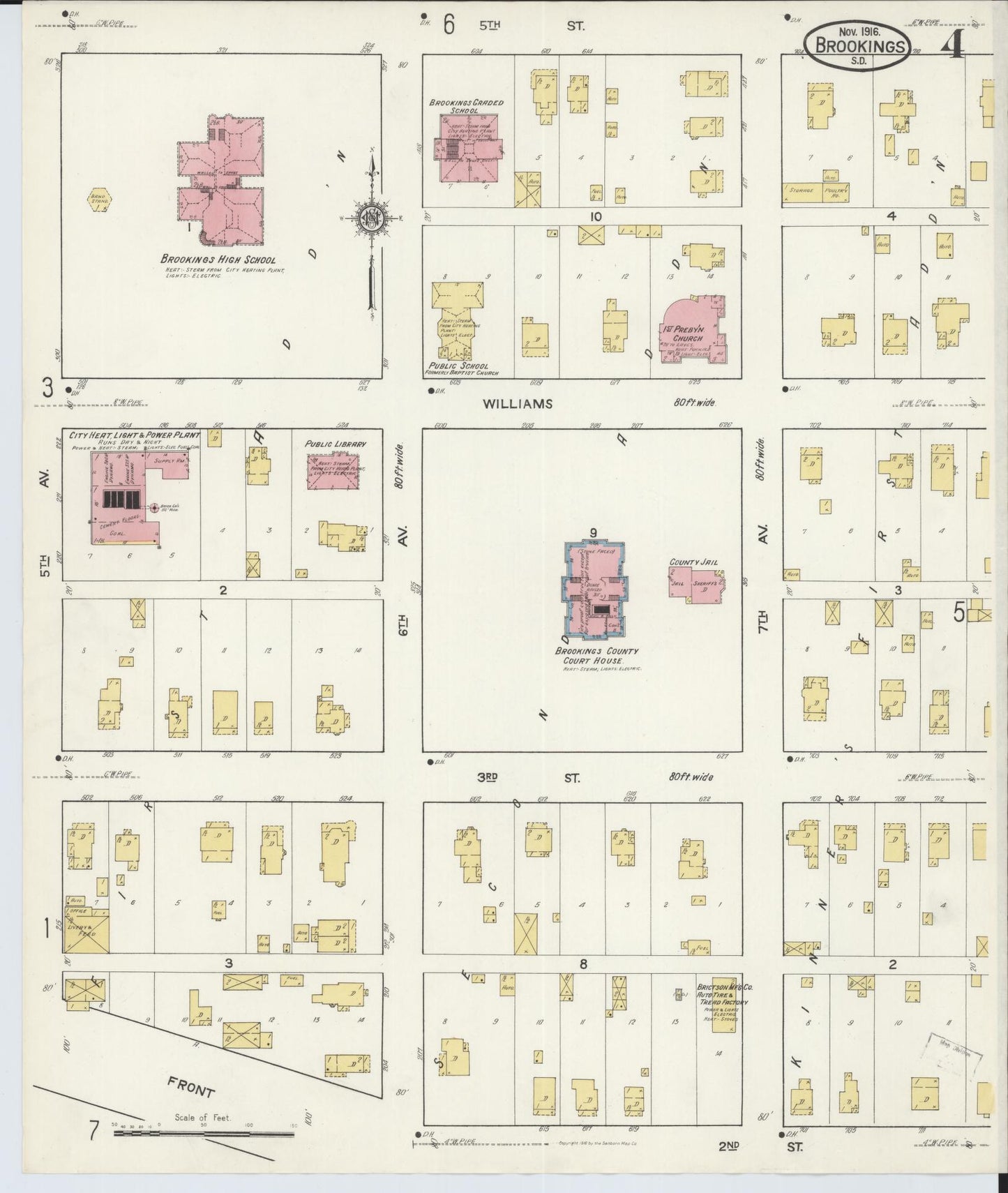 Sanborn Fire Insurance Map from Brookings, Brookings County, South Dakota (1916), Sheet #0004 - Historic Sanborn Fire Insurance Map Print, vintage old map wall art, antique decor, genealogy gift, South Dakota South Dakota map