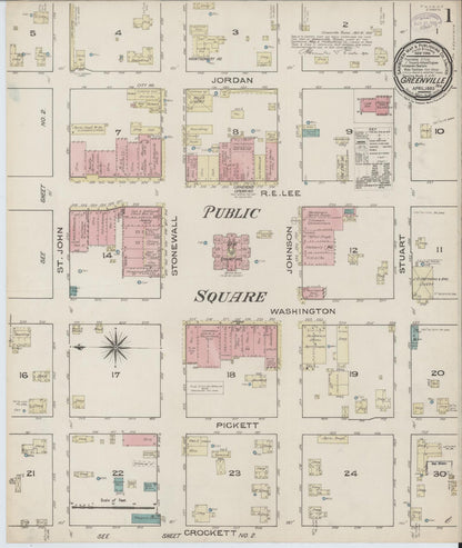 Sanborn Fire Insurance Map from Greenville, Hunt County, Texas (1885), Sheet #0001 - Complete Map Set gallery image, historic Sanborn map, vintage wall art, Texas Texas