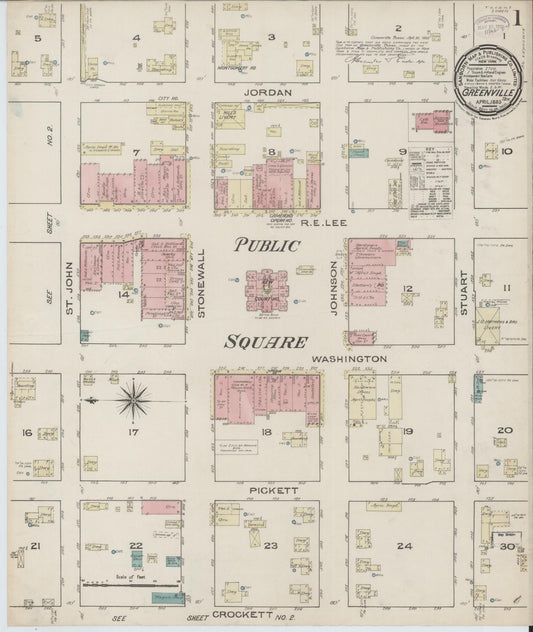 Sanborn Fire Insurance Map from Greenville, Hunt County, Texas (1885), Sheet #0001 - Complete Map Set gallery image, historic Sanborn map, vintage wall art, Texas Texas