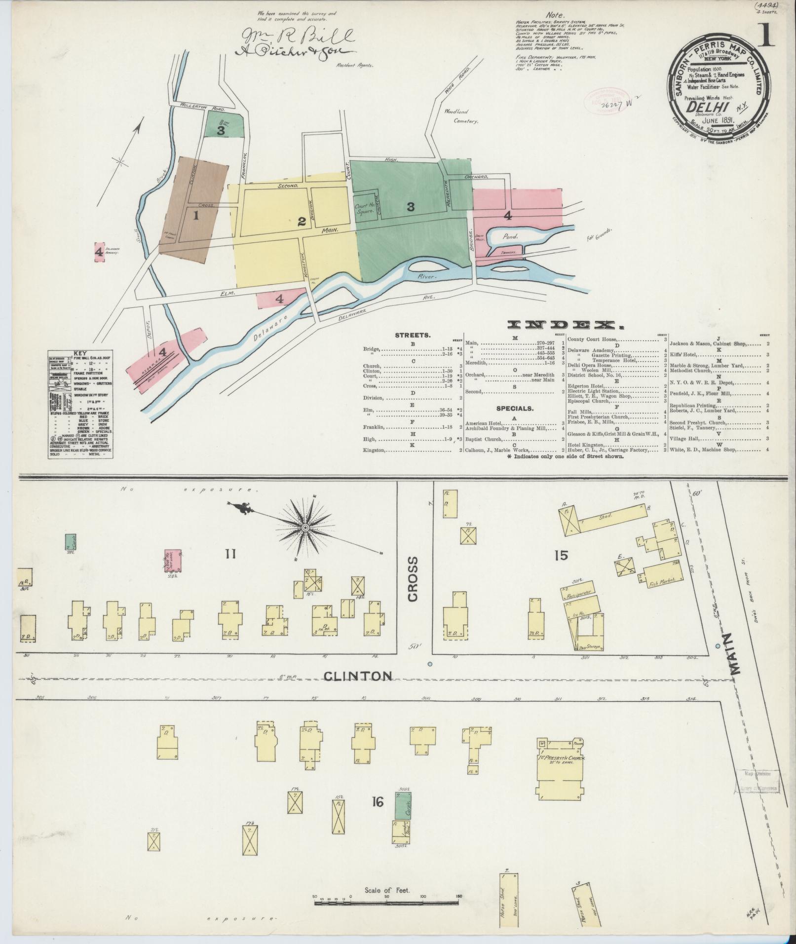 Sanborn Fire Insurance Map from Delhi, Delaware County, New York (1891), Sheet #0001 - Historic Sanborn Fire Insurance Map Print, vintage old map wall art, antique decor, genealogy gift, Delhi Delaware map