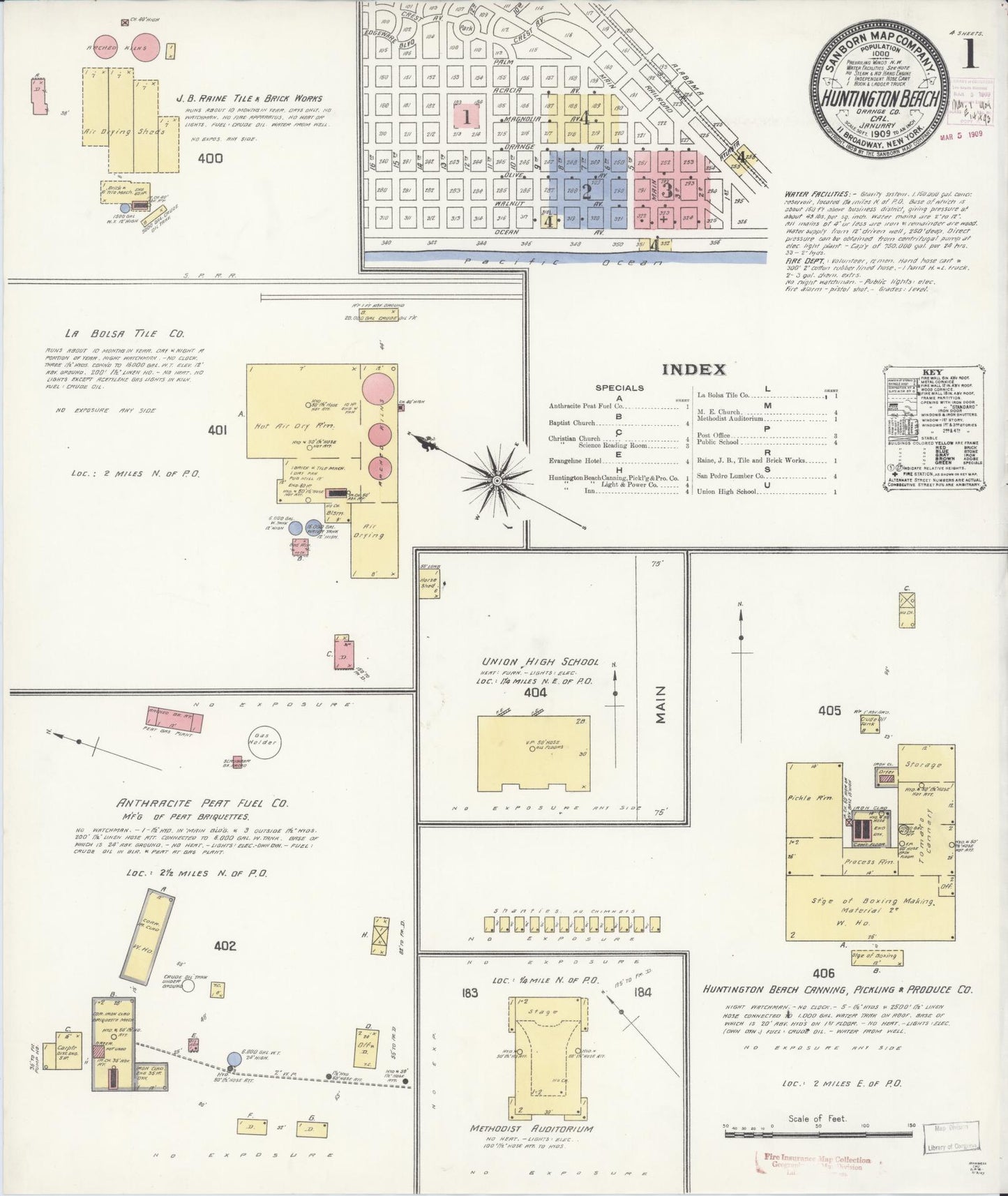 Sanborn Fire Insurance Map from Huntington Beach, Orange County, California (1909), Sheet #0001 - Historic Sanborn Fire Insurance Map Print, vintage old map wall art, antique decor, genealogy gift, California California map