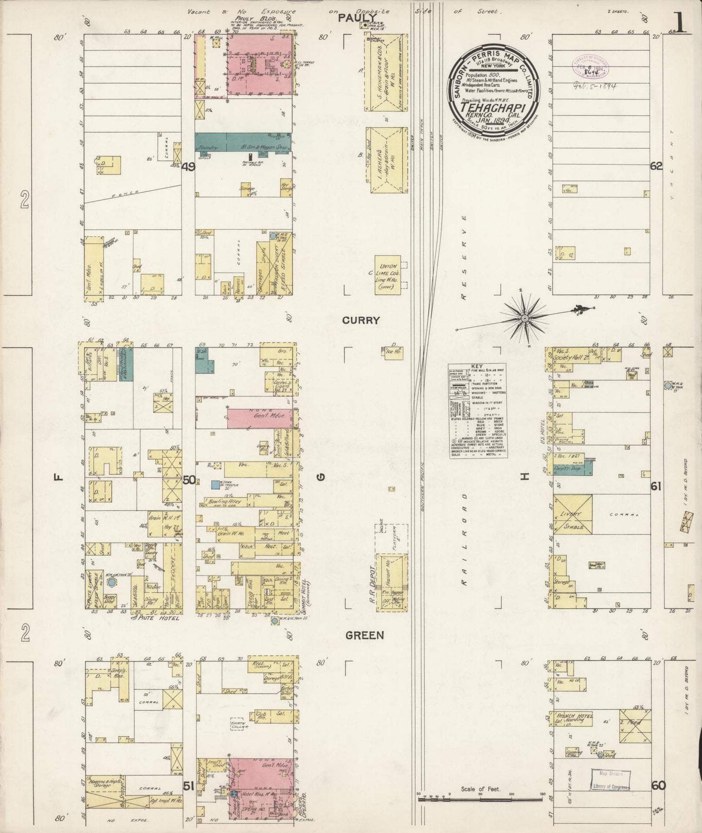 Sanborn Fire Insurance Map from Tehachapi, Kern County, California (1894), Sheet #0001 - Complete Map Set gallery image, historic Sanborn map, vintage wall art, California California