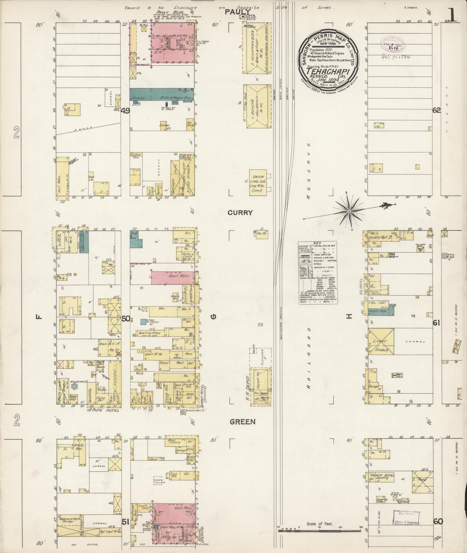 Sanborn Fire Insurance Map from Tehachapi, Kern County, California (1894), Sheet #0001 - Complete Map Set gallery image, historic Sanborn map, vintage wall art, California California