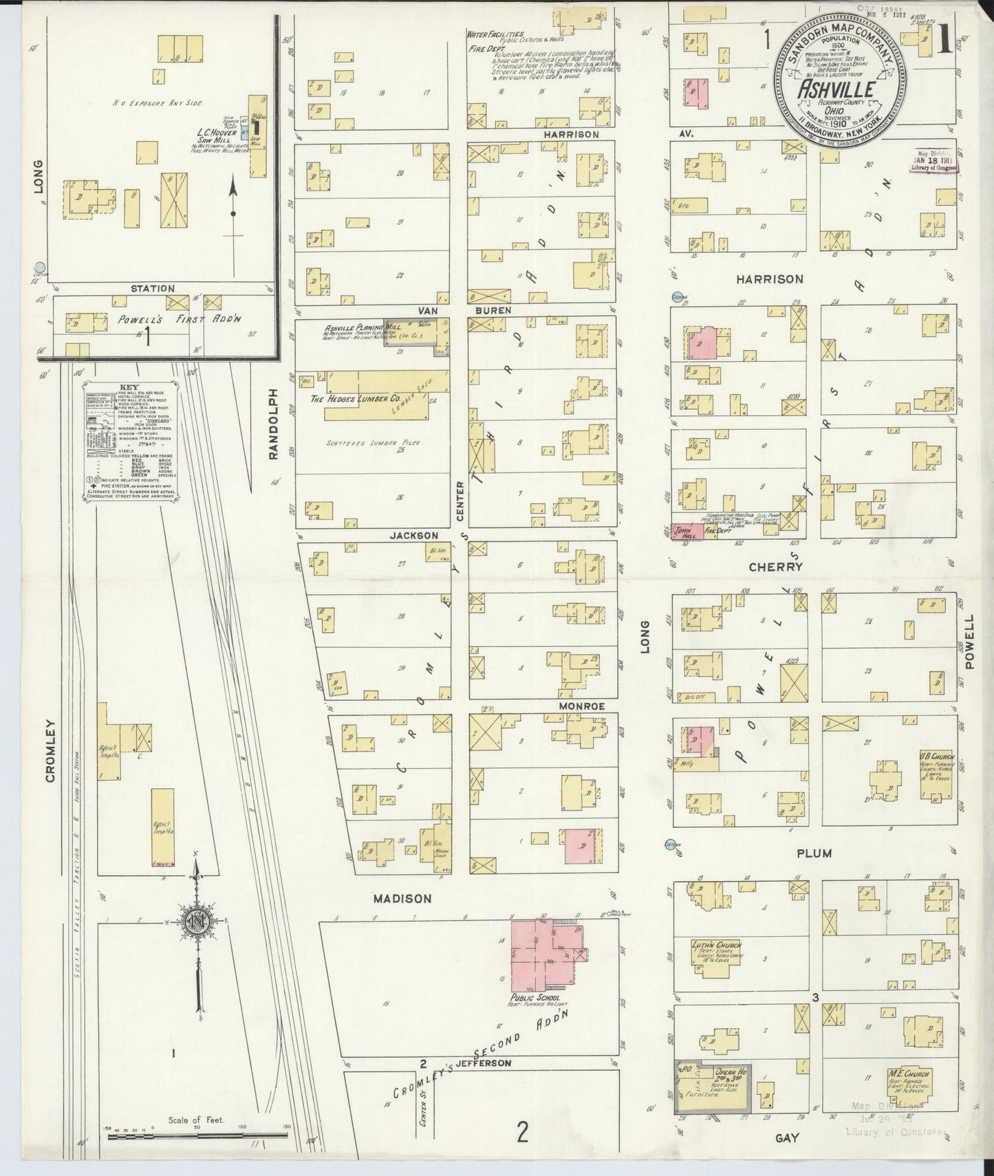 Sanborn Fire Insurance Map from Ashville, Pickaway County, Ohio (1910), Sheet #0001 - Historic Sanborn Fire Insurance Map Print, vintage old map wall art, antique decor, genealogy gift, Ohio Ohio map