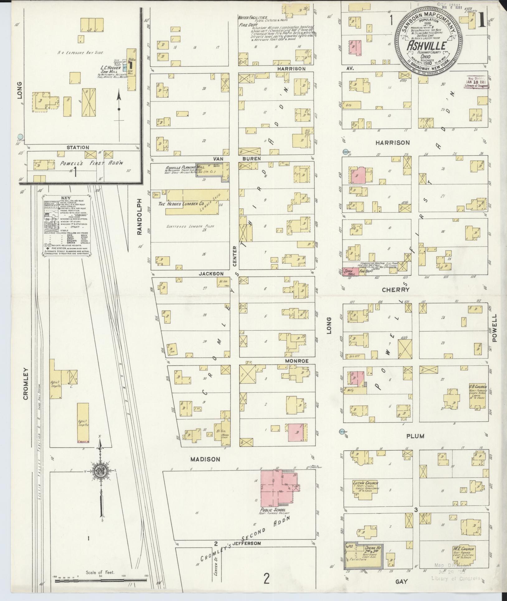 Sanborn Fire Insurance Map from Ashville, Pickaway County, Ohio (1910), Sheet #0001 - Historic Sanborn Fire Insurance Map Print, vintage old map wall art, antique decor, genealogy gift, Ohio Ohio map