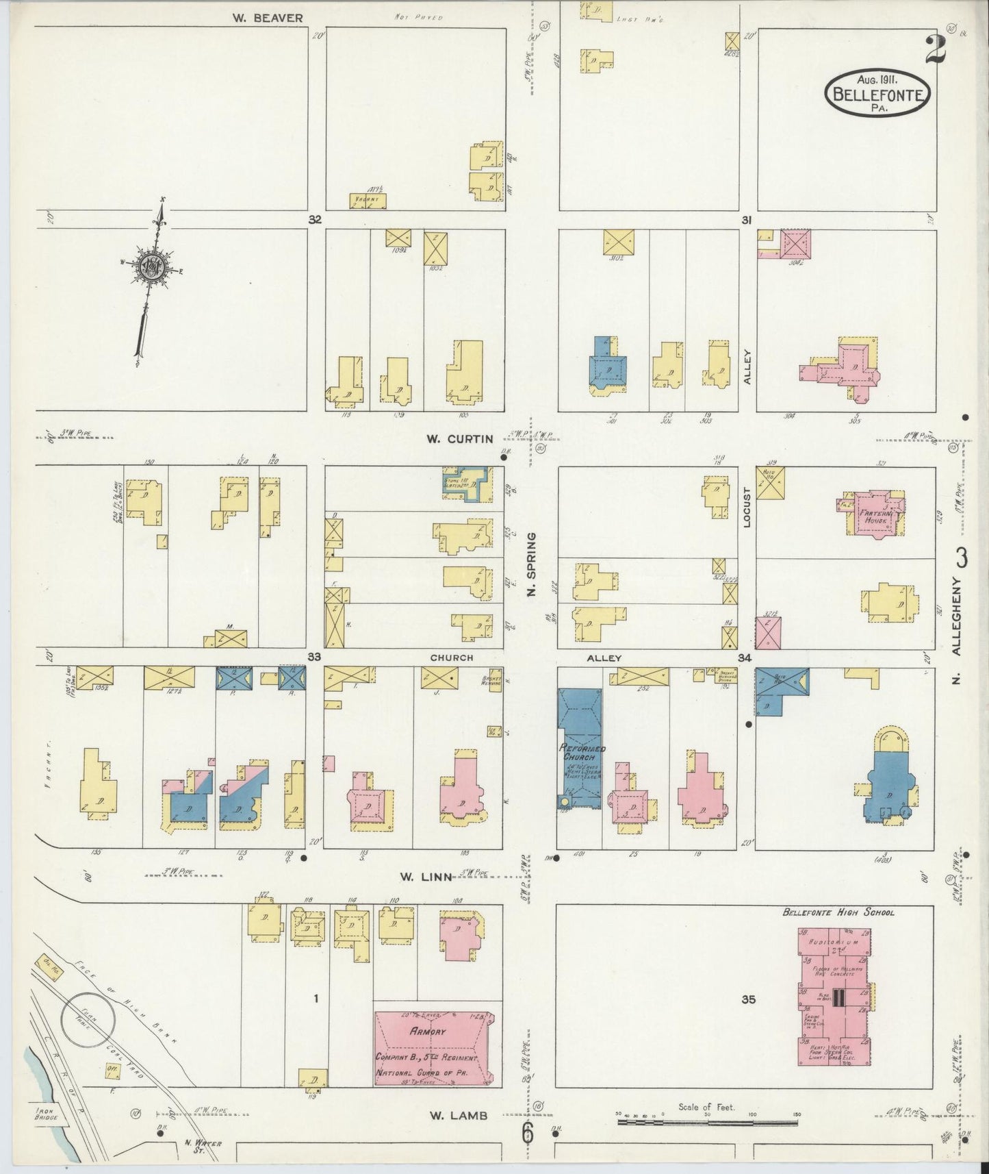 Sanborn Fire Insurance Map from Bellefonte, Centre County, Pennsylvania (1911), Sheet #0002 - Historic Sanborn Fire Insurance Map Print, vintage old map wall art, antique decor, genealogy gift, Pennsylvania Pennsylvania map