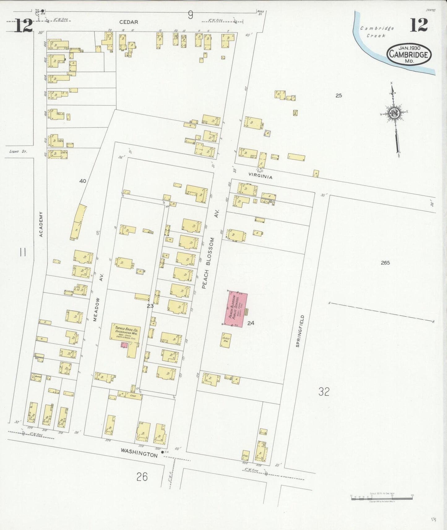 Dorchester, Maryland - 1930 - Sanborn Fire Insurance Map, Sheet #0012 - Historic Sanborn Fire Insurance Map Print, Dorchester Maryland 1930 0012 vintage old map wall art