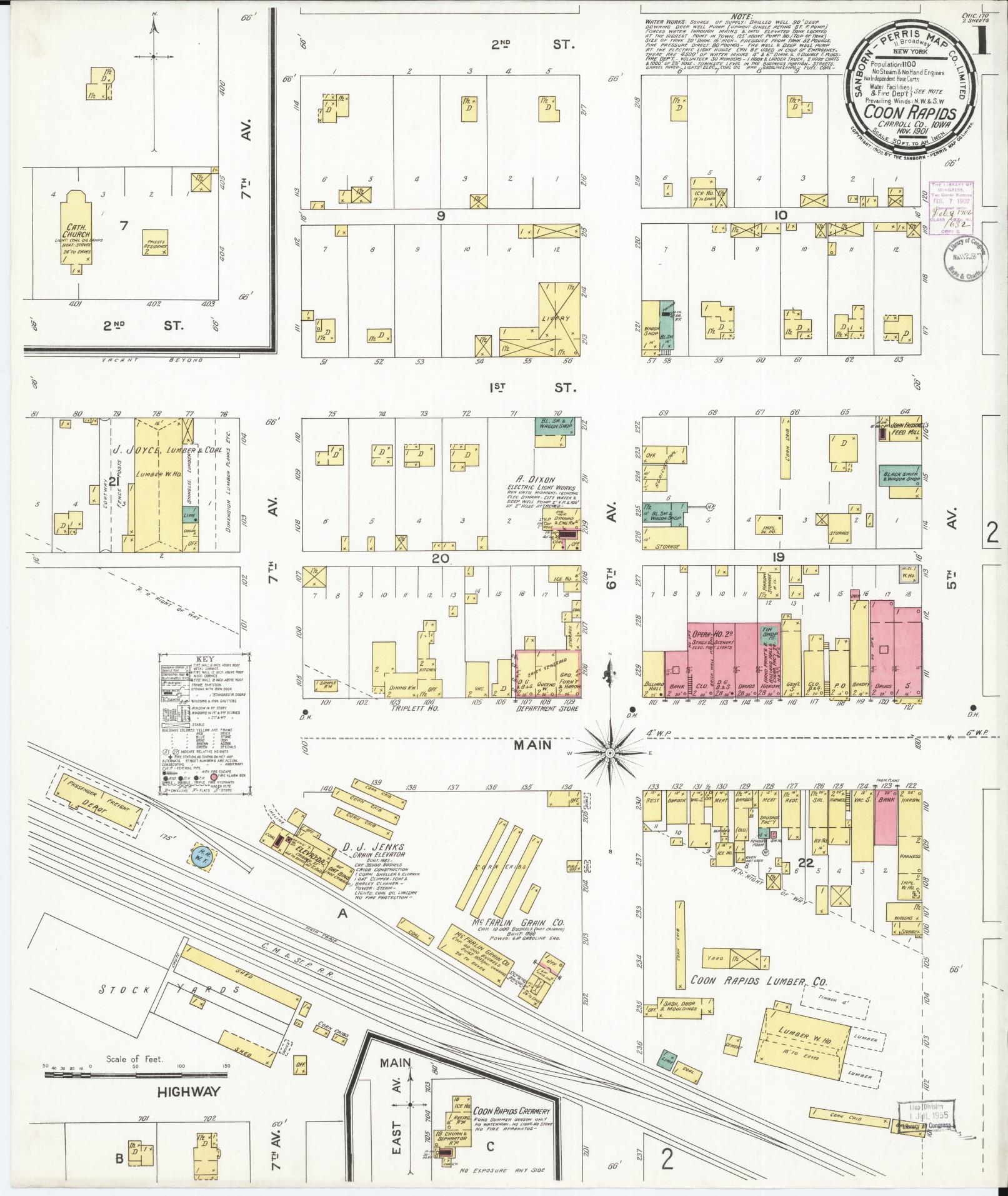 Sanborn Fire Insurance Map from Coon Rapids, Carroll County, Iowa (1901), Sheet #0001 - Historic Sanborn Fire Insurance Map Print, vintage old map wall art