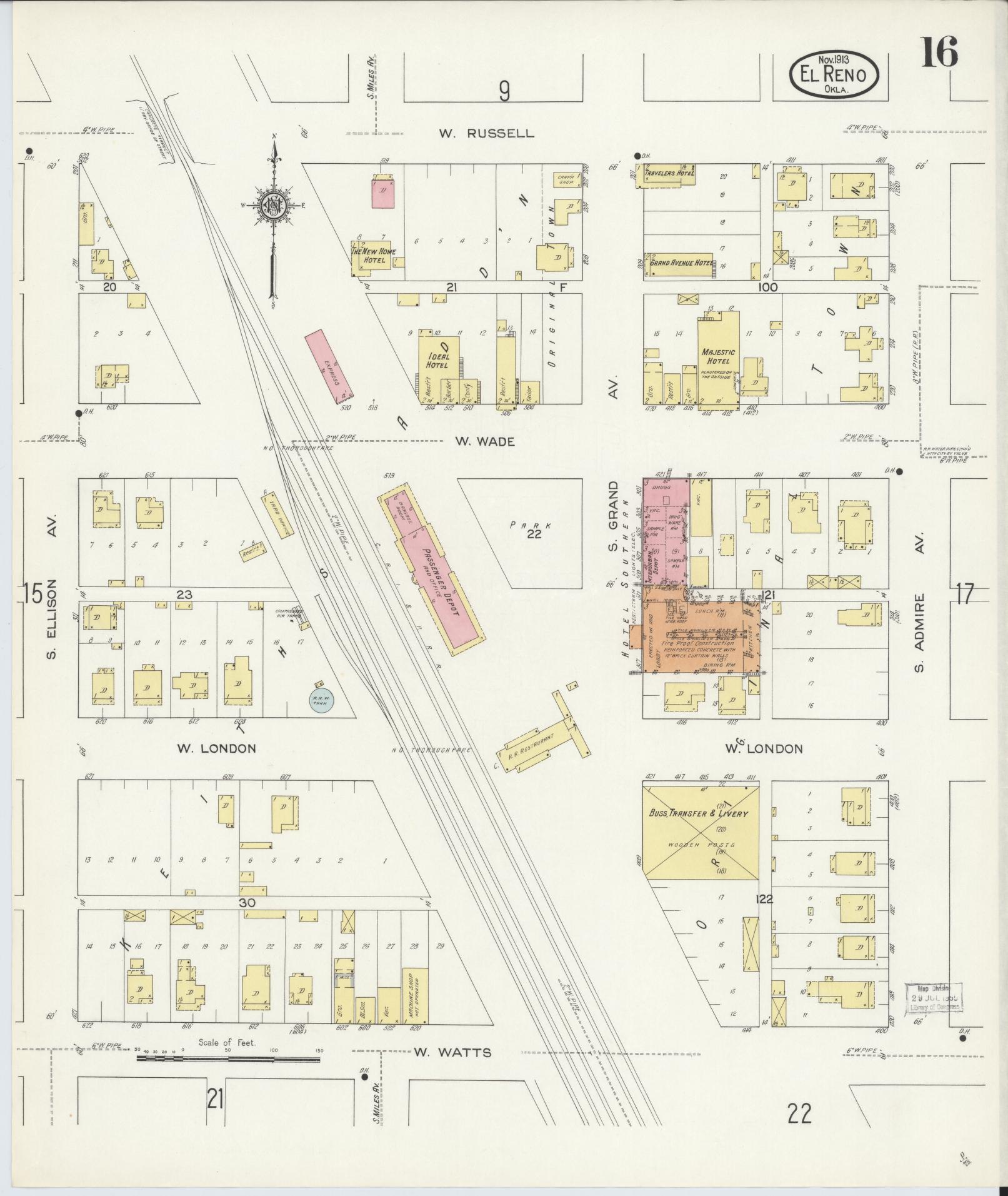 Sanborn Fire Insurance Map from El Reno, Canadian County, Oklahoma (1913), Sheet #0016 - Historic Sanborn Fire Insurance Map Print, vintage old map wall art, antique decor, genealogy gift, Oklahoma Oklahoma map