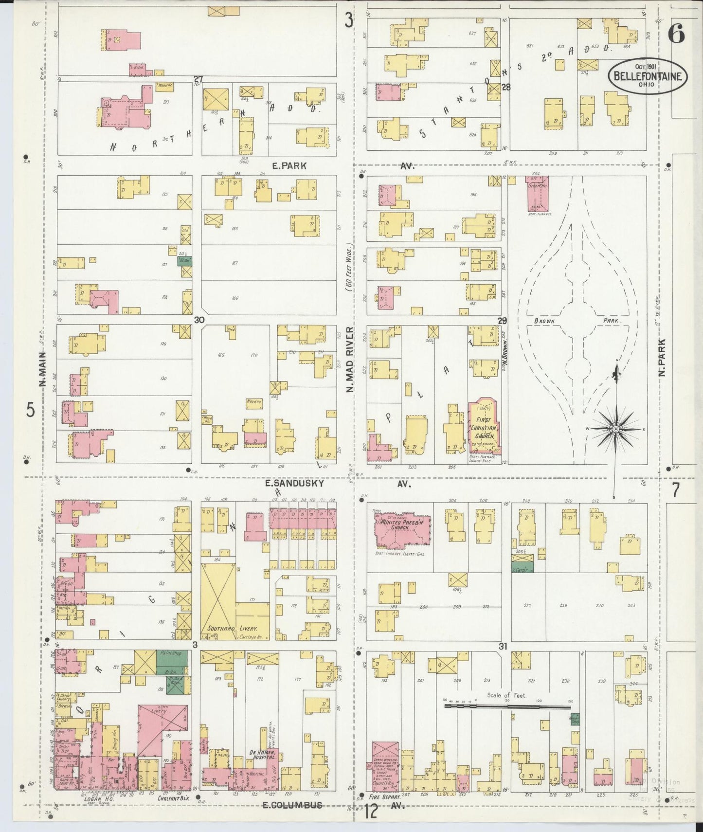 Sanborn Fire Insurance Map from Bellefontaine, Logan County, Ohio (1901), Sheet #0006 - Complete Map Set gallery image, historic Sanborn map, vintage wall art, Ohio Ohio
