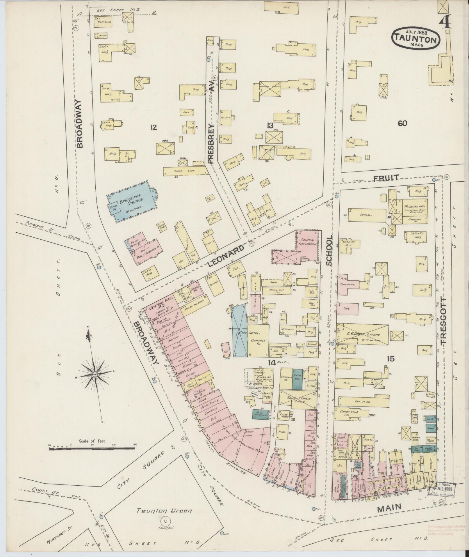 Sanborn Fire Insurance Map from Taunton, Bristol County, Massachusetts (1888), Sheet #0004 - Complete Map Set gallery image, historic Sanborn map, vintage wall art, Massachusetts Massachusetts