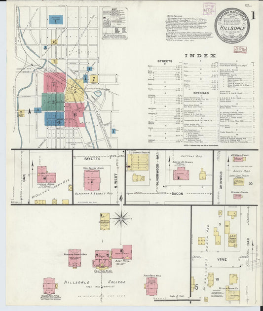Sanborn Fire Insurance Map from Hillsdale, Hillsdale County, Michigan (1907), Sheet #0001 - Complete Map Set gallery image, historic Sanborn map, vintage wall art, Michigan Michigan