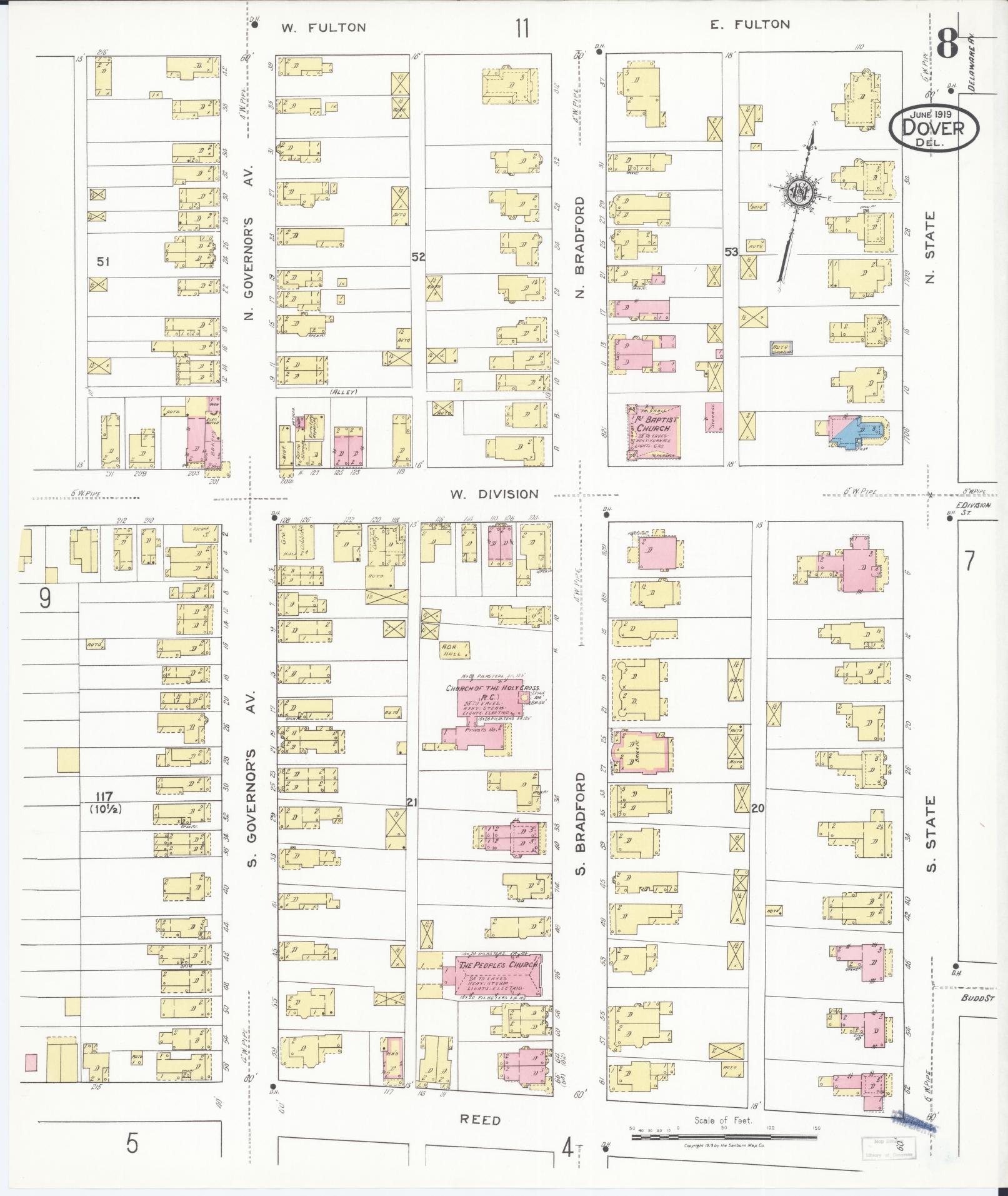 Sanborn Fire Insurance Map from Dover, Kent County, Delaware (1919), Sheet #0008 - Complete Map Set gallery image, historic Sanborn map, vintage wall art, Delaware Delaware