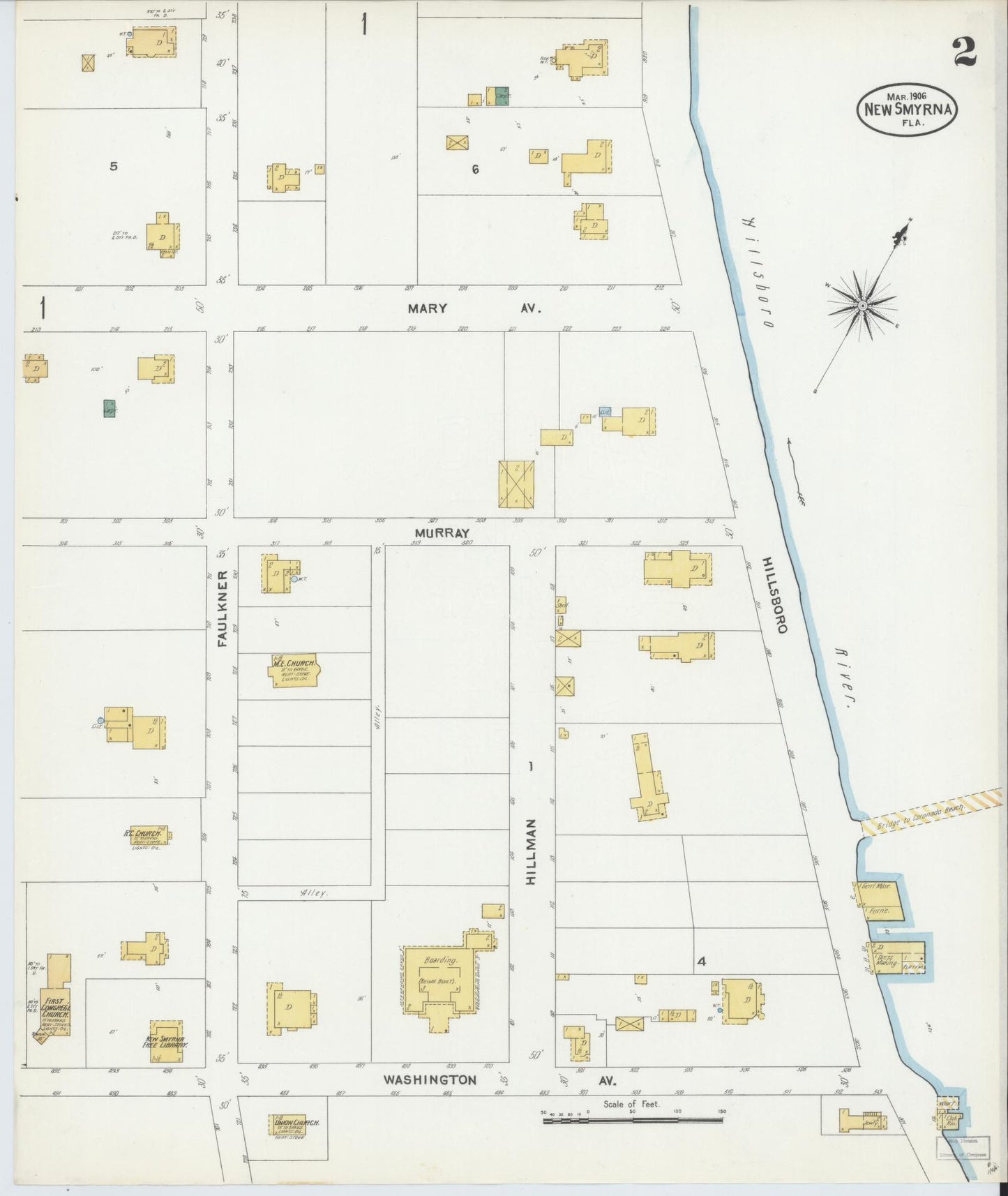 Sanborn Fire Insurance Map from New Smyrna, Valusia County, Florida (1906), Sheet #0002 - Complete Map Set gallery image, historic Sanborn map, vintage wall art, Florida Florida