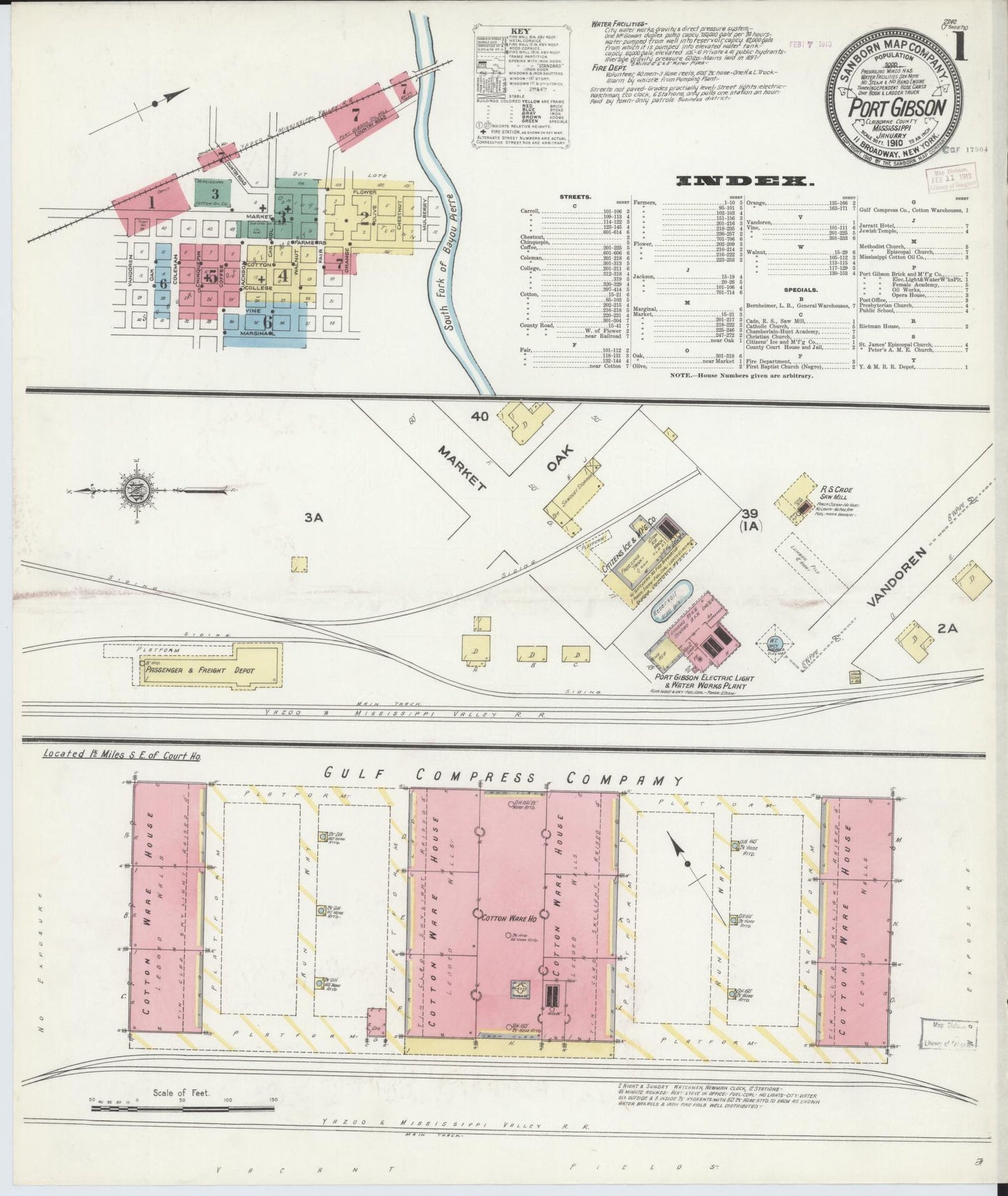 Sanborn Fire Insurance Map from Port Gibson, Claiborne County, Mississippi (1910), Sheet #0001 - Historic Sanborn Fire Insurance Map Print, vintage old map wall art, antique decor, genealogy gift, Mississippi Mississippi map