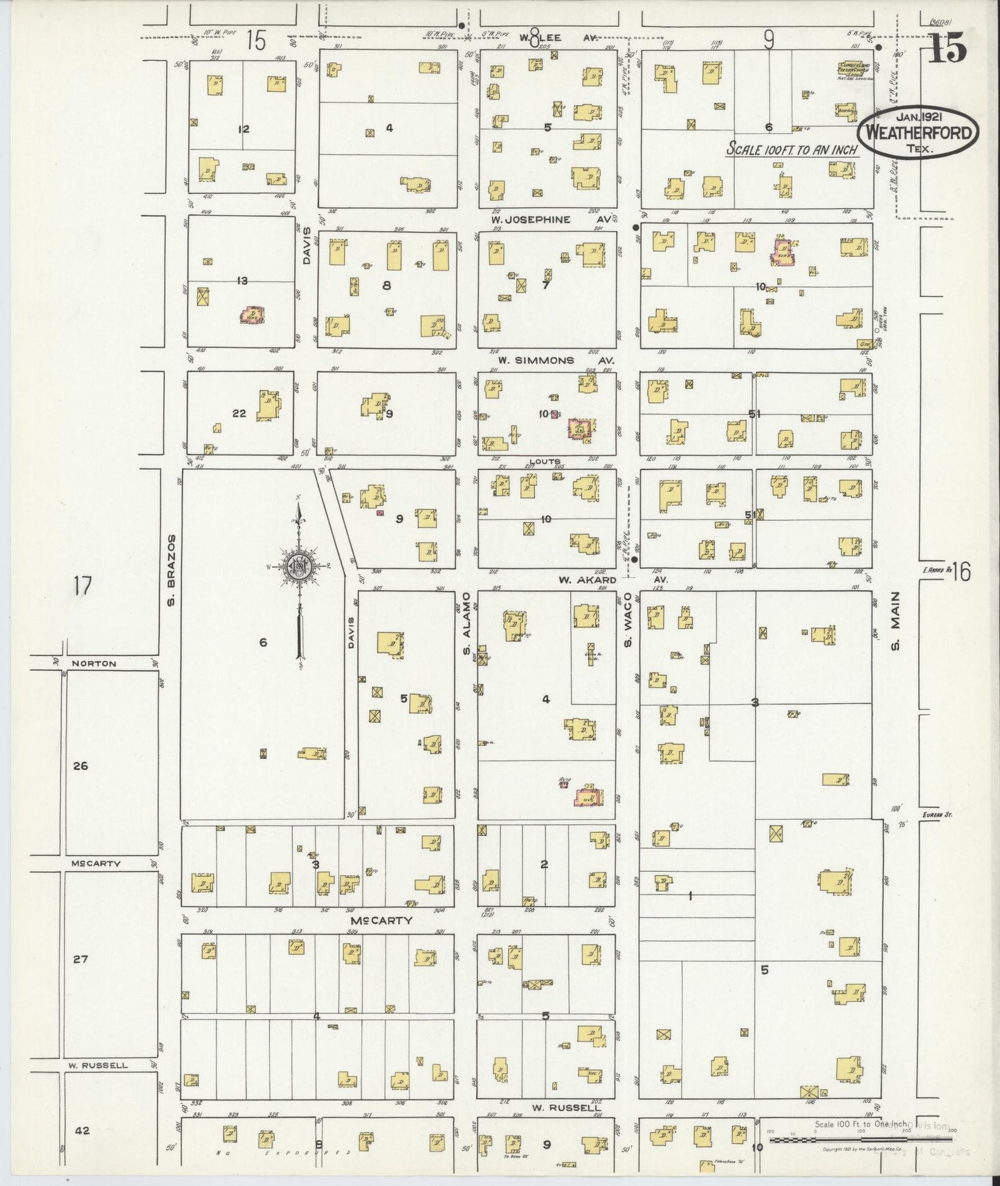 Sanborn Fire Insurance Map from Weatherford, Parker County, Texas (1921), Sheet #0015 - Historic Sanborn Fire Insurance Map Print, vintage old map wall art, antique decor, genealogy gift, Texas Texas map