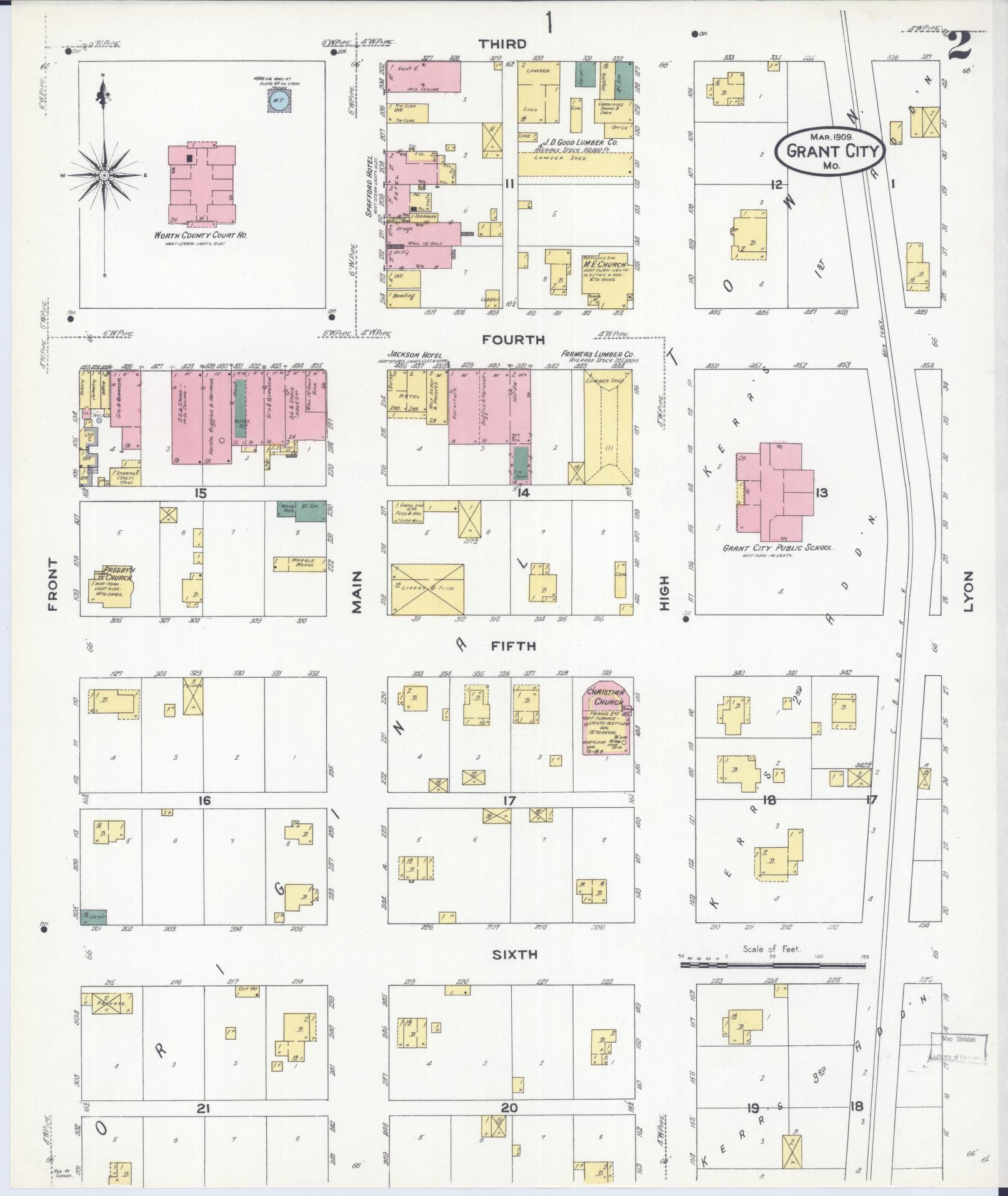 Sanborn Fire Insurance Map from Grant City, Worth County, Missouri (1909), Sheet #0002 - Complete Map Set gallery image, historic Sanborn map, vintage wall art, Missouri Missouri