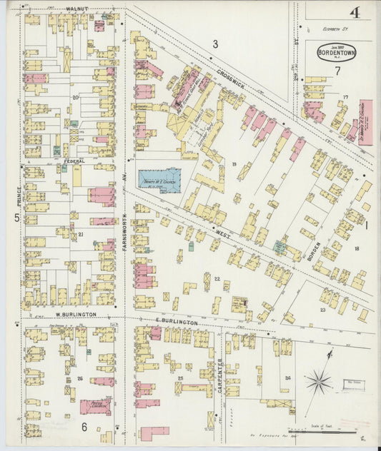 Sanborn Fire Insurance Map from Bordentown, Burlington County, New Jersey (1897), Sheet #0004 - Historic Sanborn Fire Insurance Map Print, vintage old map wall art, antique decor, genealogy gift, New Jersey New Jersey map