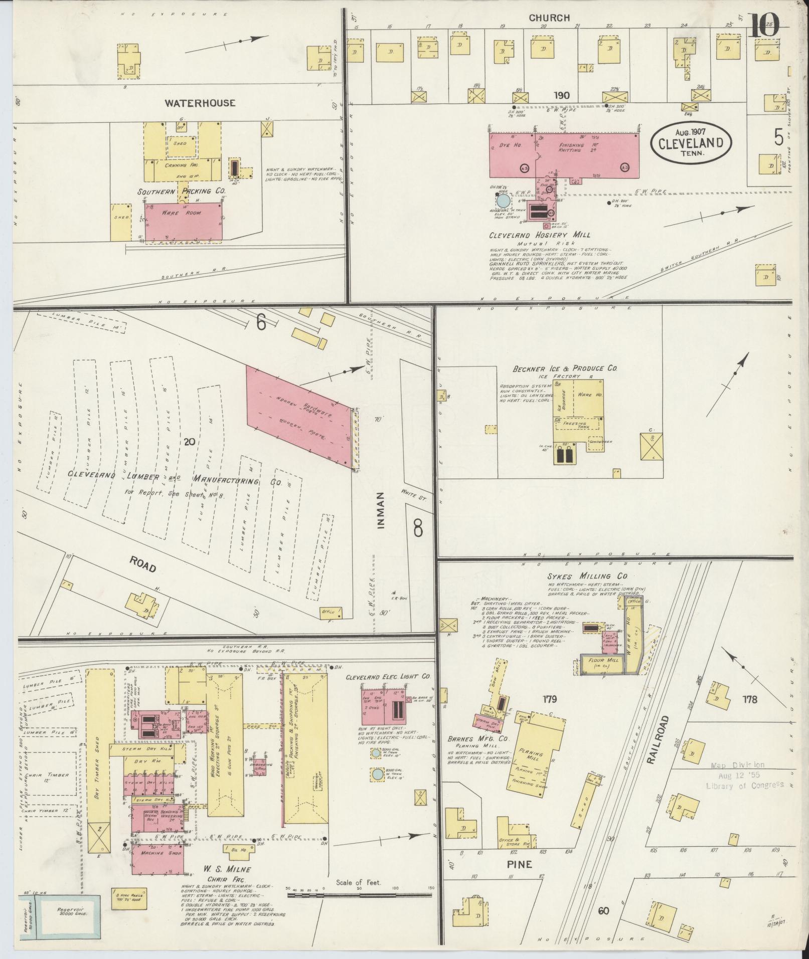 Sanborn Fire Insurance Map from Cleveland, Bradley County, Tennessee (1907), Sheet #0010 - Historic Sanborn Fire Insurance Map Print, vintage old map wall art, antique decor, genealogy gift, Tennessee Tennessee map