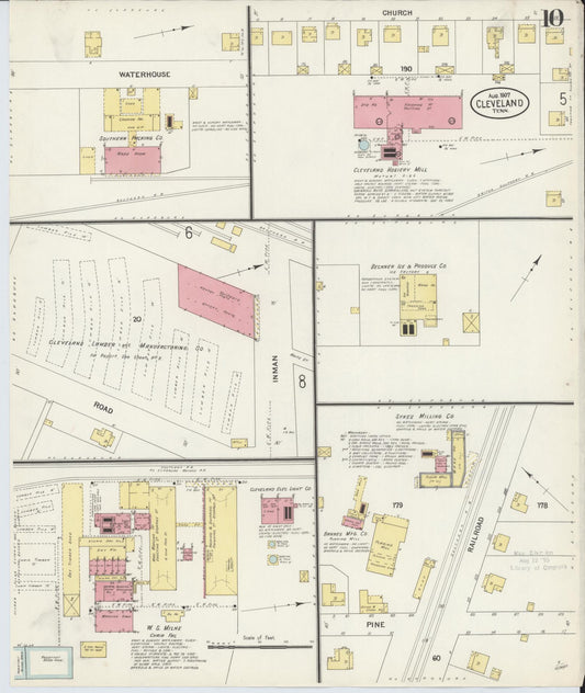 Sanborn Fire Insurance Map from Cleveland, Bradley County, Tennessee (1907), Sheet #0010 - Historic Sanborn Fire Insurance Map Print, vintage old map wall art, antique decor, genealogy gift, Tennessee Tennessee map