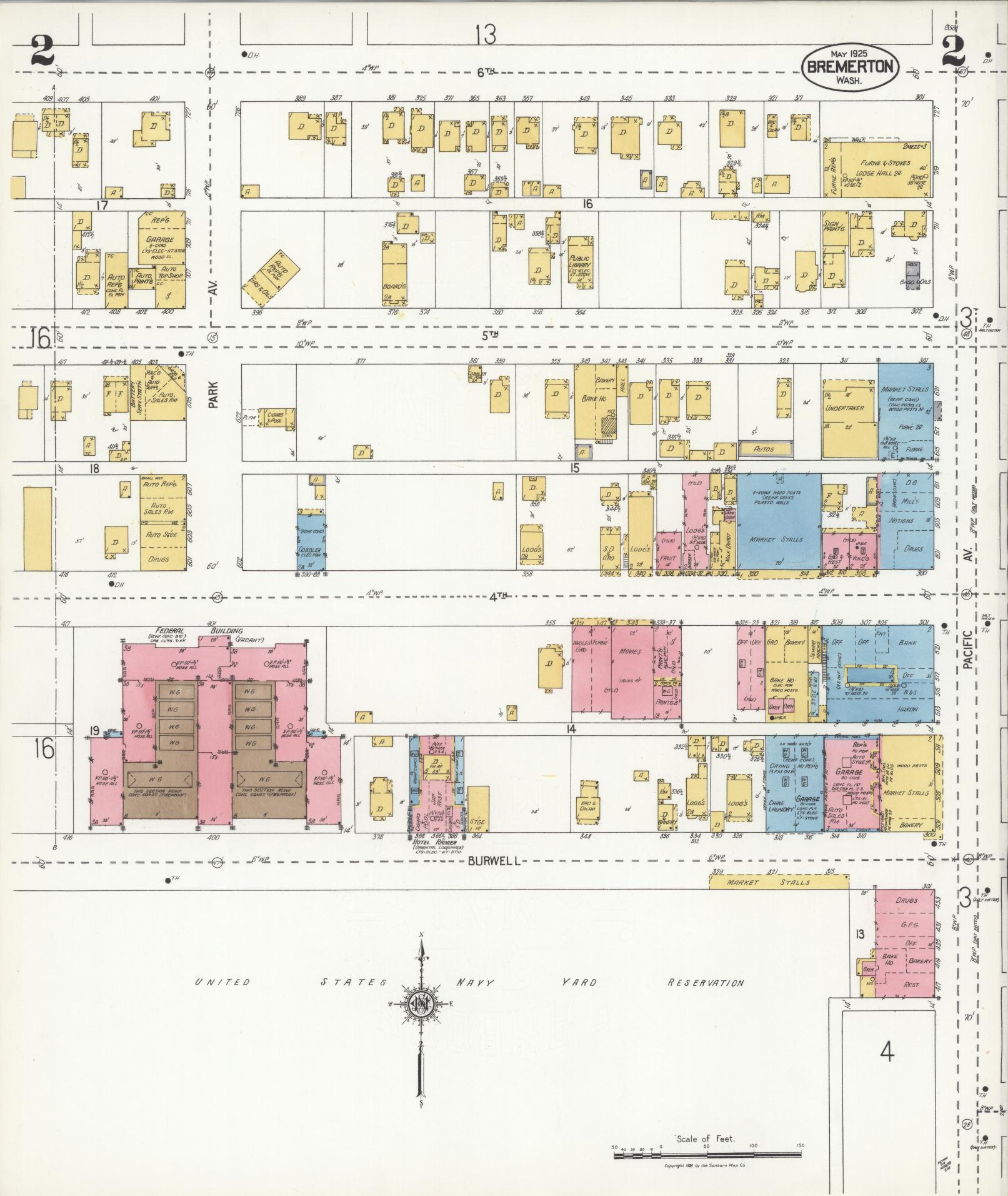Sanborn Fire Insurance Map from Bremerton, Kitsap County, Washington (1925), Sheet #0002 - Historic Sanborn Fire Insurance Map Print, vintage old map wall art, antique decor, genealogy gift, Washington Washington map