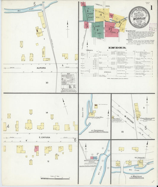 Sanborn Fire Insurance Map from Moravia, Cayuga County, New York (1908), Sheet #0001 - Complete Map Set gallery image, historic Sanborn map, vintage wall art, New York New York