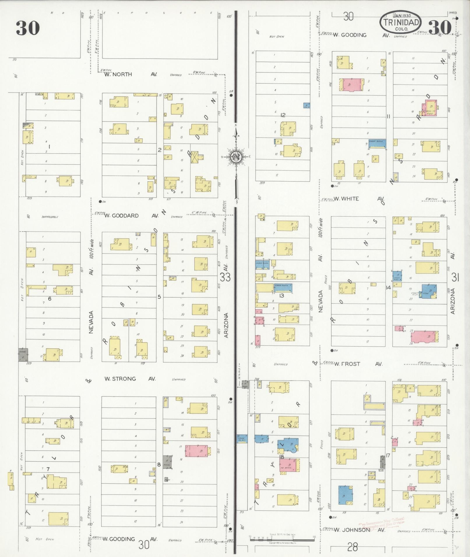 Sanborn Fire Insurance Map from Trinidad, Las Animas County, Colorado (1930), Sheet #0030 - Historic Sanborn Fire Insurance Map Print, vintage old map wall art, antique decor, genealogy gift, Colorado Colorado map