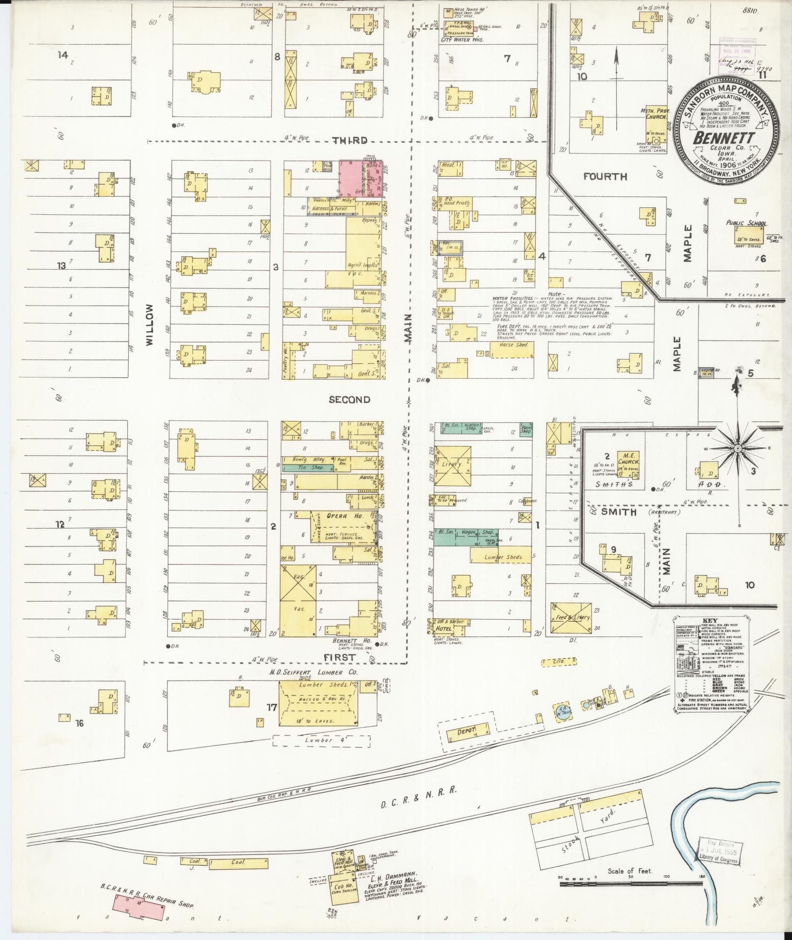 Sanborn Fire Insurance Map from Bennett, Cedar County, Iowa (1906), Sheet #0001 - Historic Sanborn Fire Insurance Map Print, vintage old map wall art