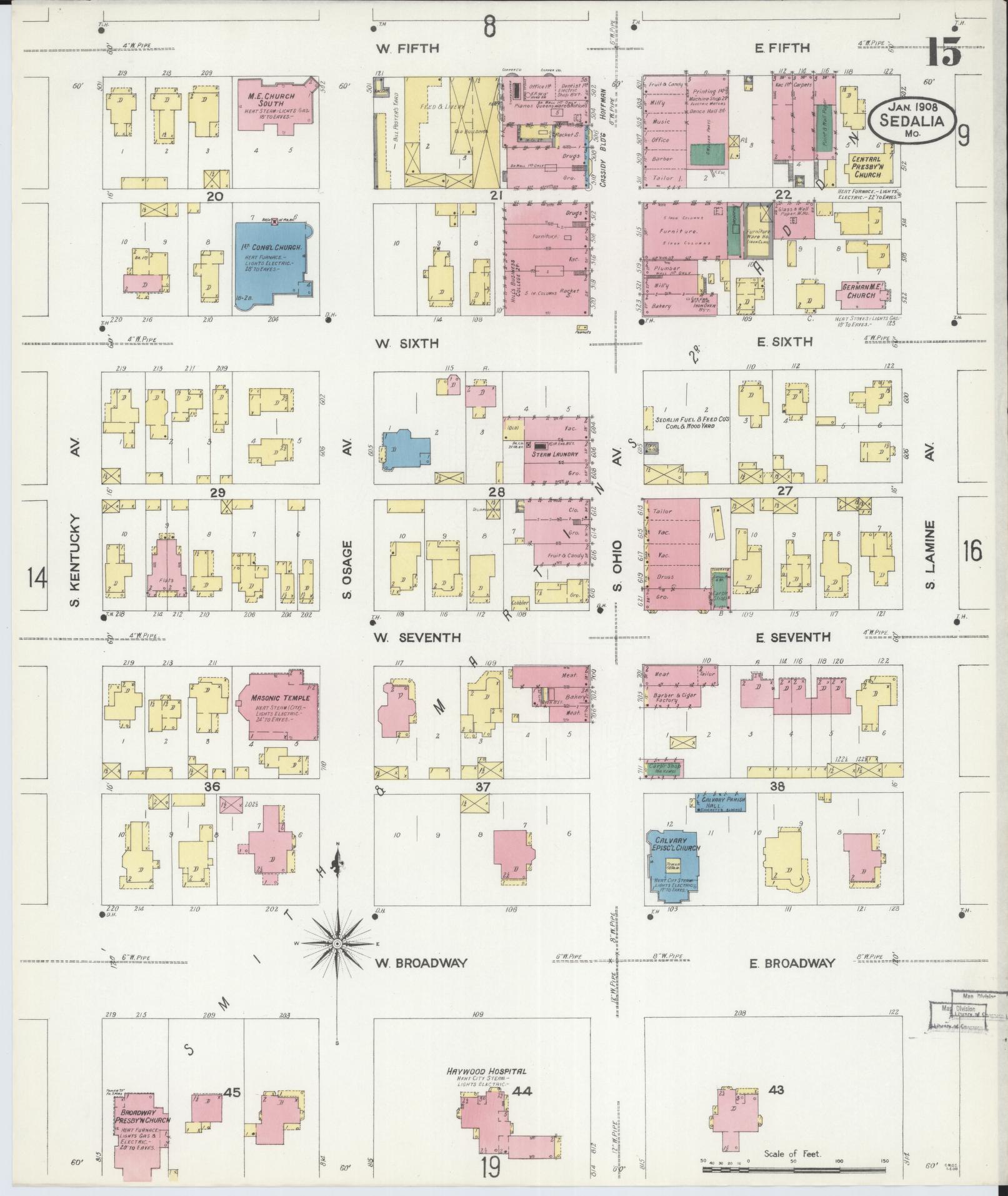 Sanborn Fire Insurance Map from Sedalia, Pettis County, Missouri (1908), Sheet #0015 - Historic Sanborn Fire Insurance Map Print, vintage old map wall art, antique decor, genealogy gift, Missouri Missouri map