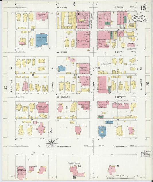 Sanborn Fire Insurance Map from Sedalia, Pettis County, Missouri (1908), Sheet #0015 - Historic Sanborn Fire Insurance Map Print, vintage old map wall art, antique decor, genealogy gift, Missouri Missouri map