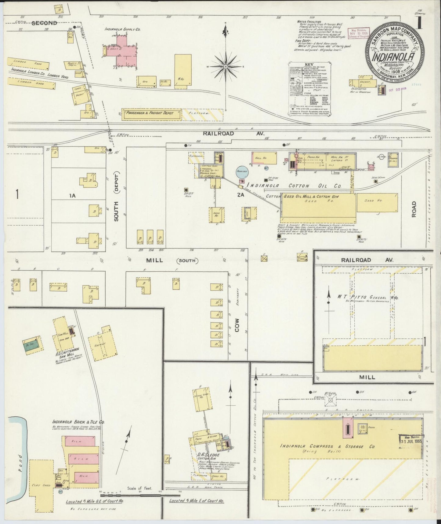 Sanborn Fire Insurance Map from Indianola, Sunflower County, Mississippi (1909), Sheet #0001 - Complete Map Set gallery image, historic Sanborn map, vintage wall art, Mississippi Mississippi