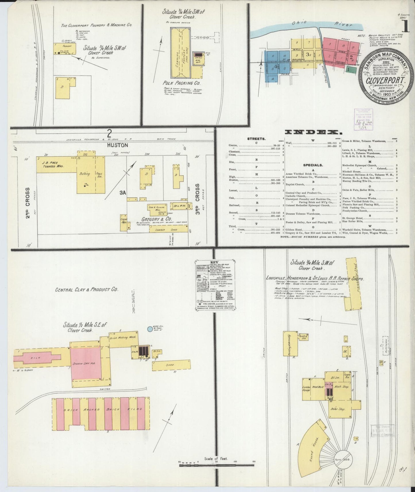 Sanborn Fire Insurance Map from Cloverport, Breckinridge County, Kentucky (1903), Sheet #0001 - Historic Sanborn Fire Insurance Map Print, vintage old map wall art, antique decor, genealogy gift, Kentucky Kentucky map