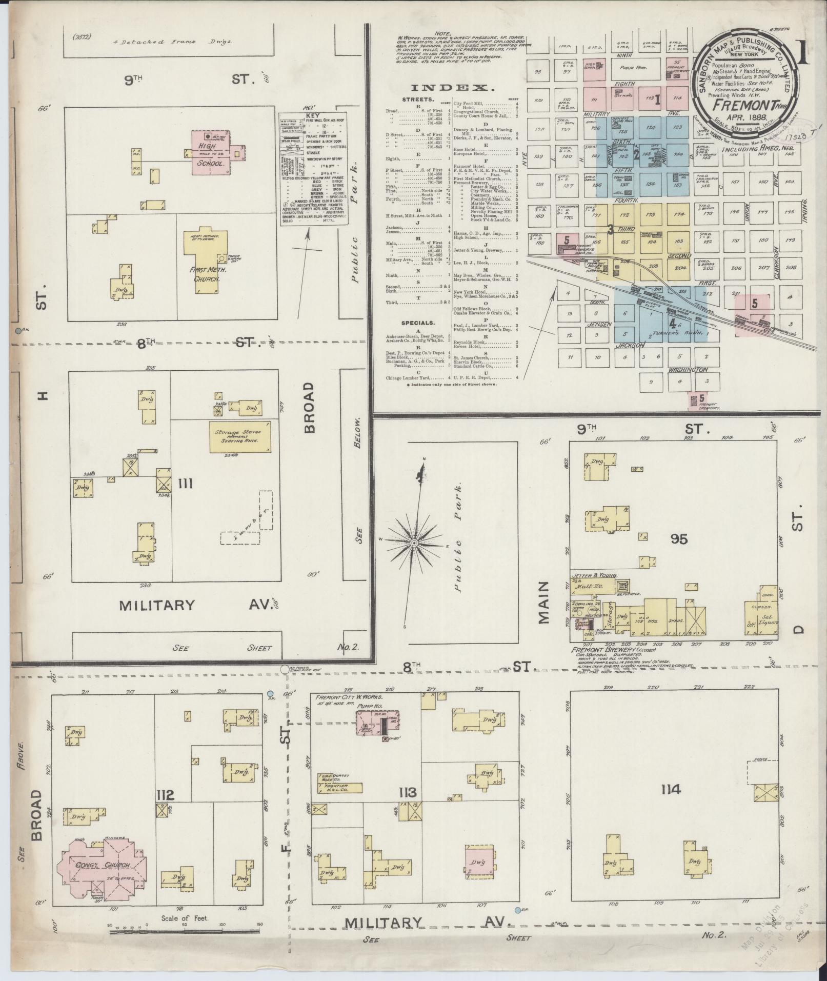 Sanborn Fire Insurance Map from Fremont, Dodge County, Nebraska (1888), Sheet #0001 - Historic Sanborn Fire Insurance Map Print, vintage old map wall art, antique decor, genealogy gift, Nebraska Nebraska map