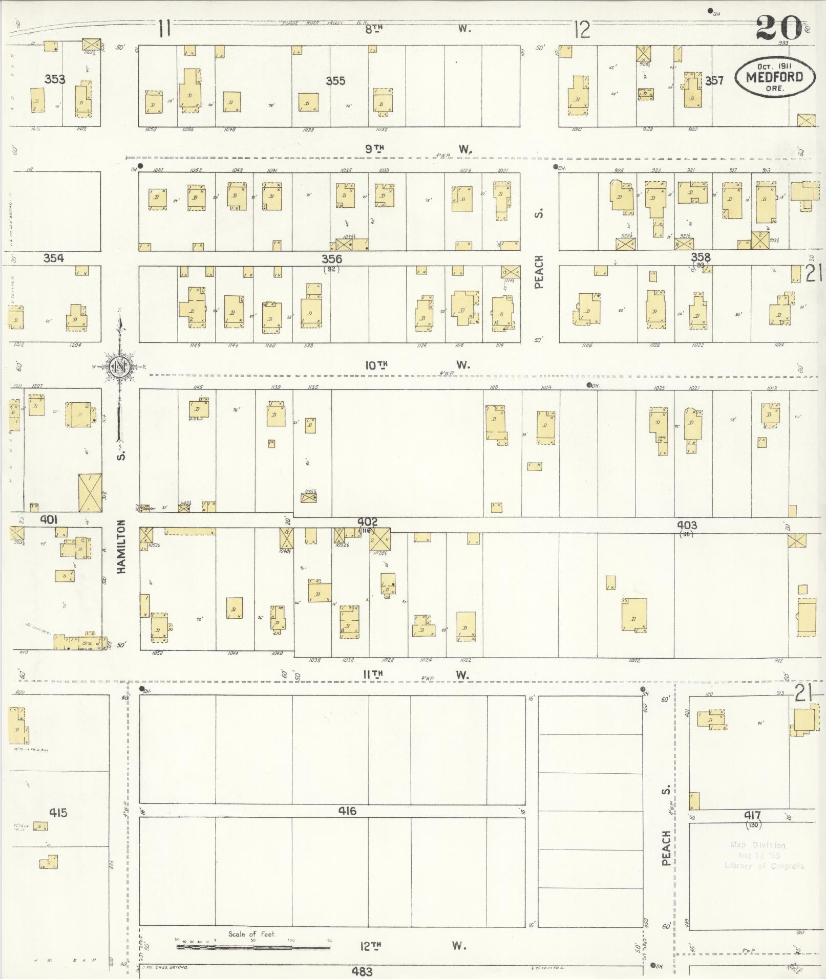 Sanborn Fire Insurance Map from Medford, Jackson County, Oregon (1911), Sheet #0020 - Historic Sanborn Fire Insurance Map Print, vintage old map wall art, antique decor, genealogy gift, Oregon Oregon map