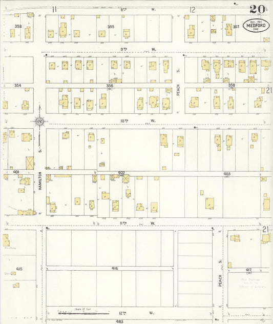 Sanborn Fire Insurance Map from Medford, Jackson County, Oregon (1911), Sheet #0020 - Historic Sanborn Fire Insurance Map Print, vintage old map wall art, antique decor, genealogy gift, Oregon Oregon map