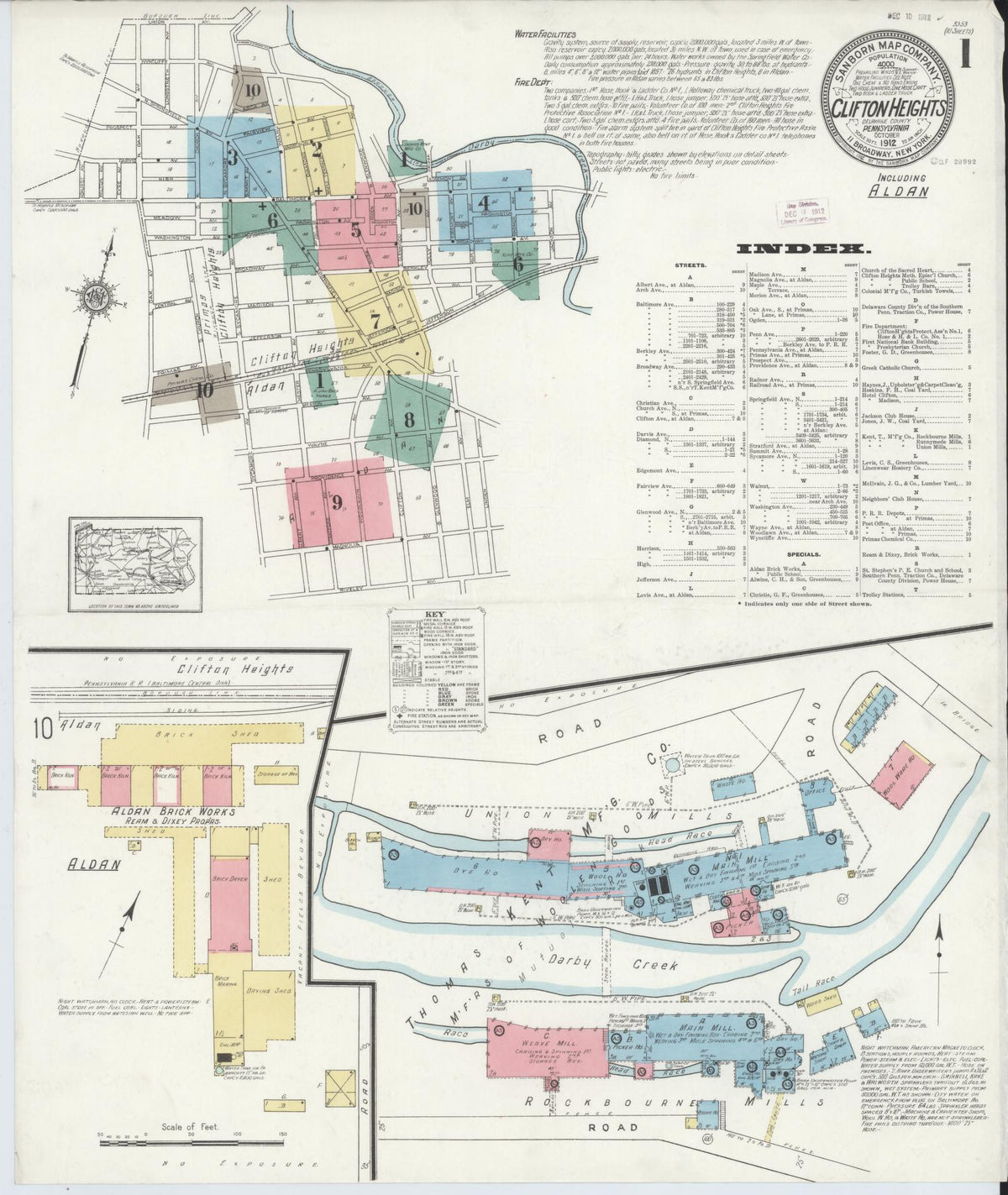 Sanborn Fire Insurance Map from Clifton Heights, Delaware County, Pennsylvania (1912), Sheet #0001 - Historic Sanborn Fire Insurance Map Print, vintage old map wall art, antique decor, genealogy gift, Clifton Heights Delaware map