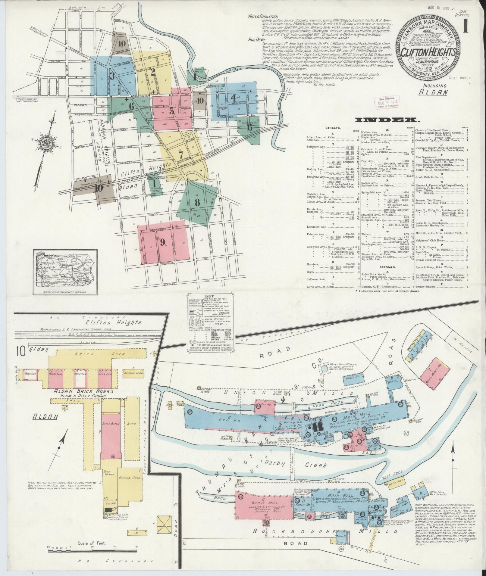 Sanborn Fire Insurance Map from Clifton Heights, Delaware County, Pennsylvania (1912), Sheet #0001 - Historic Sanborn Fire Insurance Map Print, vintage old map wall art, antique decor, genealogy gift, Clifton Heights Delaware map