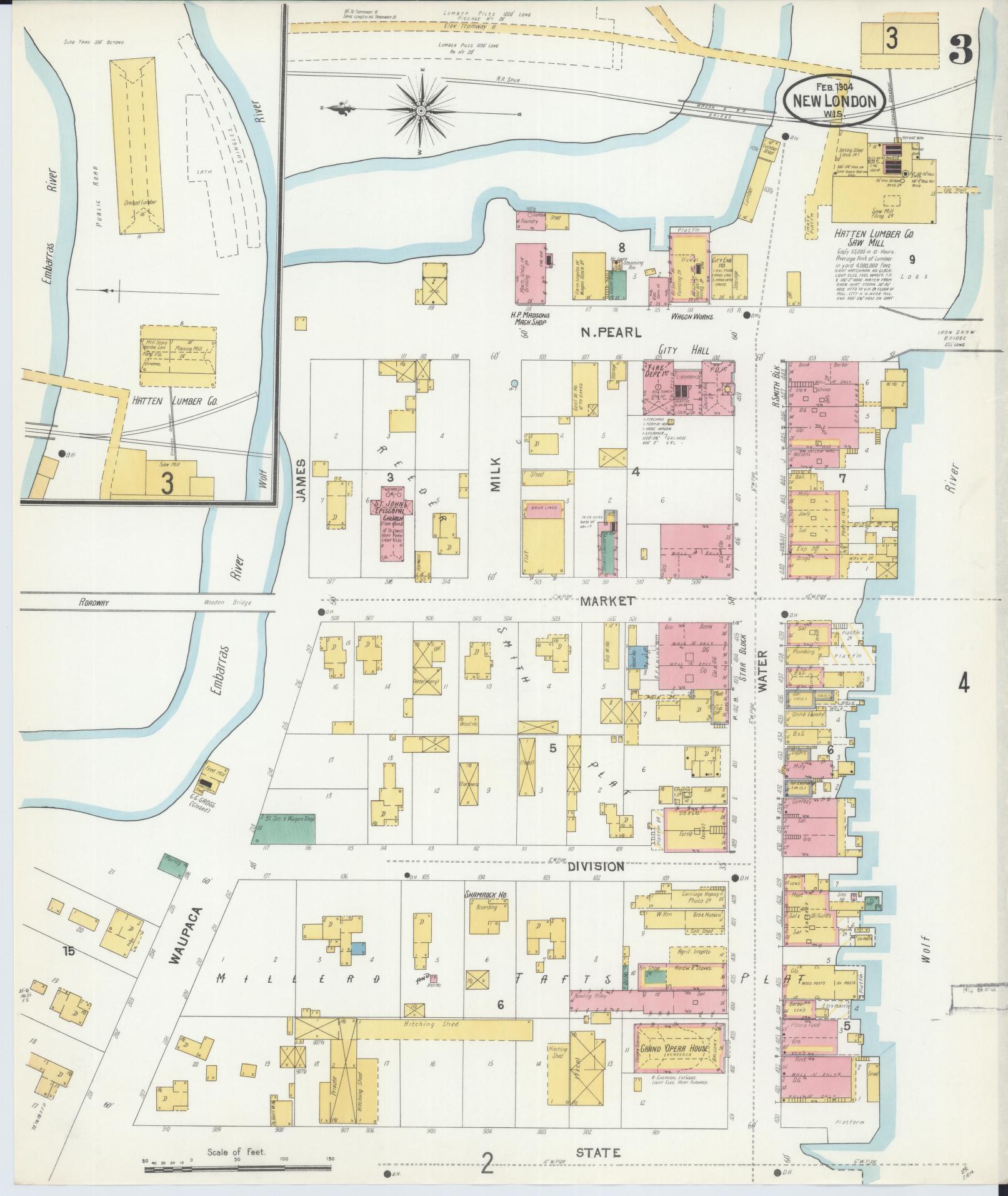 Sanborn Fire Insurance Map from New London, Waupaca and Outagamie Counties, Wisconsin (1904), Sheet #0003 - Complete Map Set gallery image, historic Sanborn map, vintage wall art, Wisconsin Wisconsin