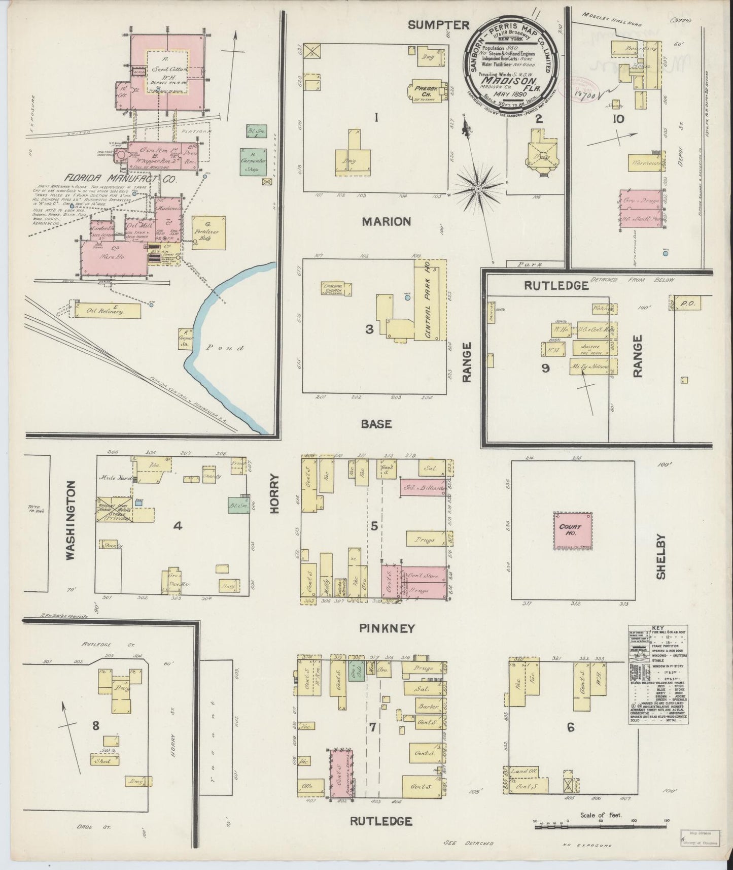 Sanborn Fire Insurance Map from Madison, Madison County, Florida (1890), Sheet #0001 - Historic Sanborn Fire Insurance Map Print, vintage old map wall art, antique decor, genealogy gift, Florida Florida map