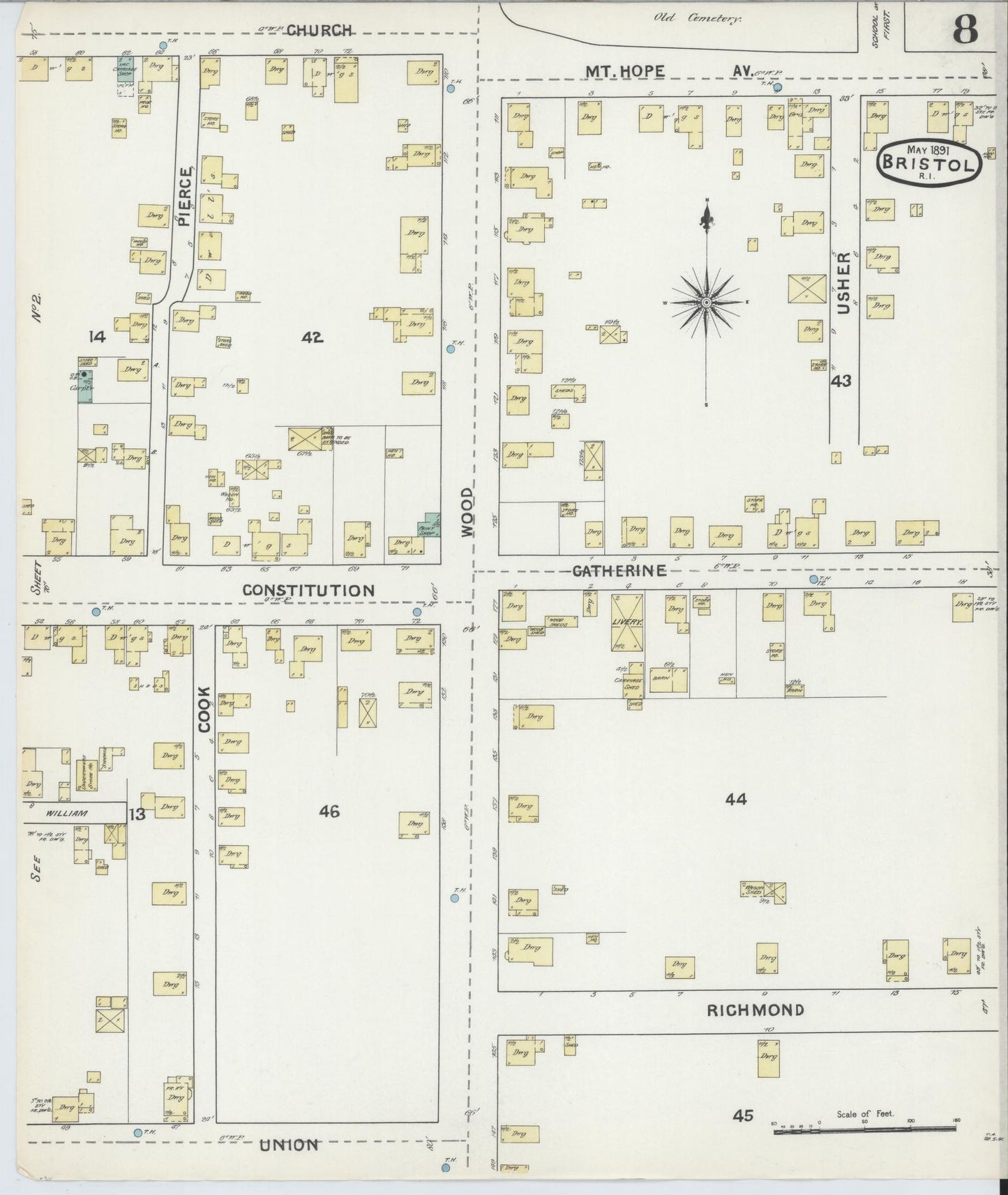 Sanborn Fire Insurance Map from Bristol, Bristol County, Rhode Island (1891), Sheet #0008 - Complete Map Set gallery image, historic Sanborn map, vintage wall art, Rhode Island Rhode Island
