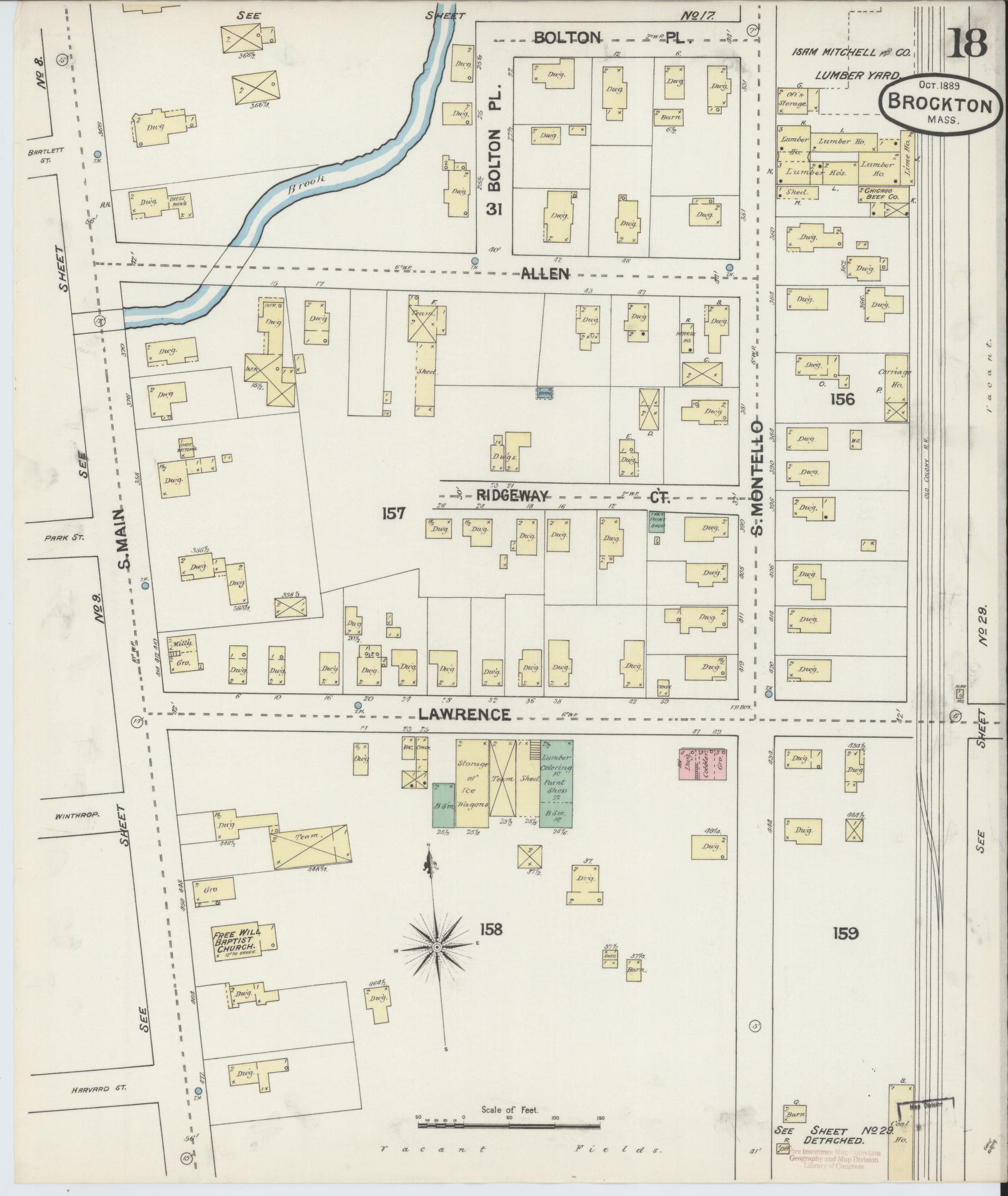 Sanborn Fire Insurance Map from Brockton, Plymouth County, Massachusetts (1889), Sheet #0018 - Historic Sanborn Fire Insurance Map Print, vintage old map wall art, antique decor, genealogy gift, Massachusetts Massachusetts map