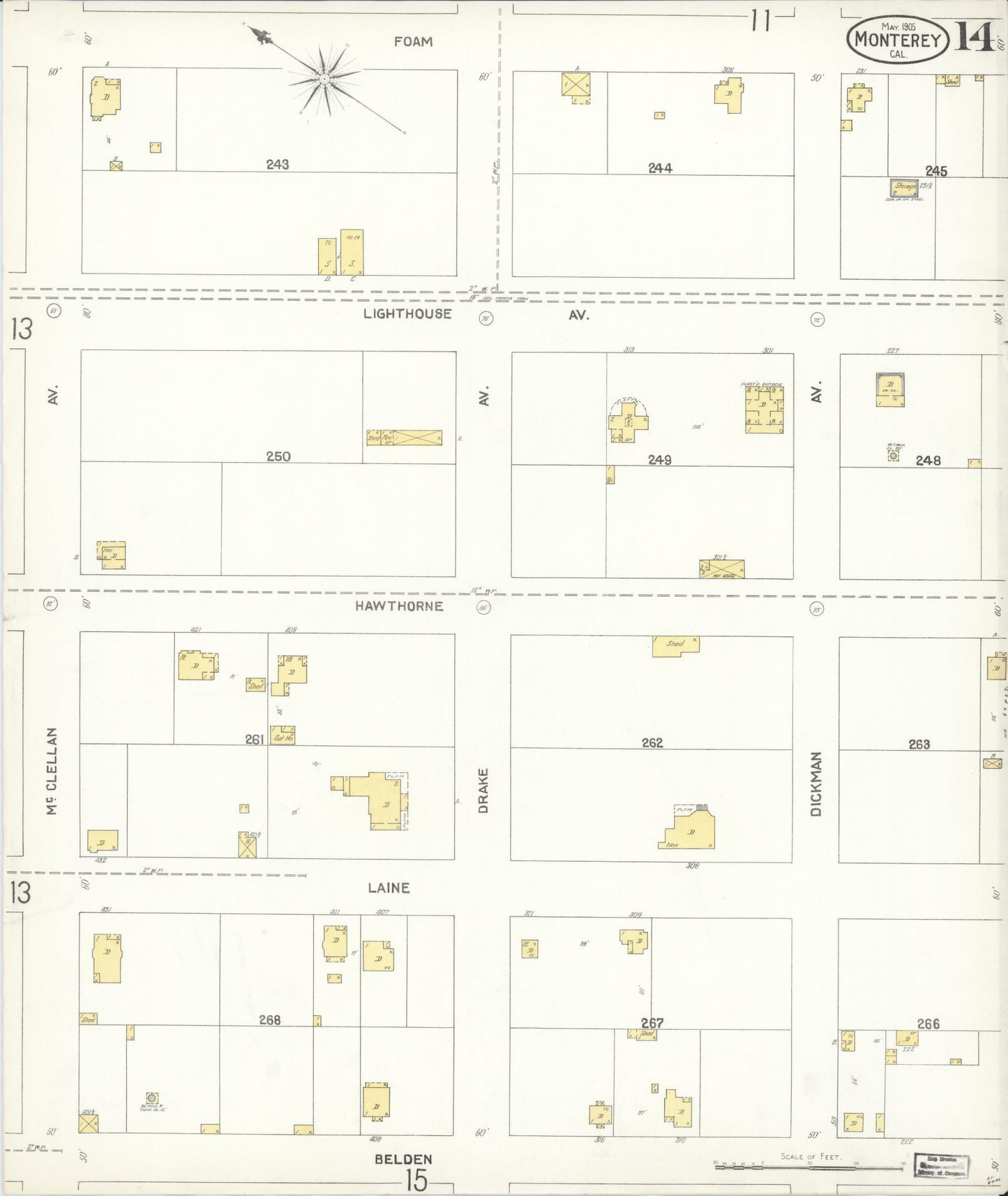 Sanborn Fire Insurance Map from Monterey, Monterey County, California (1905), Sheet #0014 - Historic Sanborn Fire Insurance Map Print, vintage old map wall art, antique decor, genealogy gift, California California map
