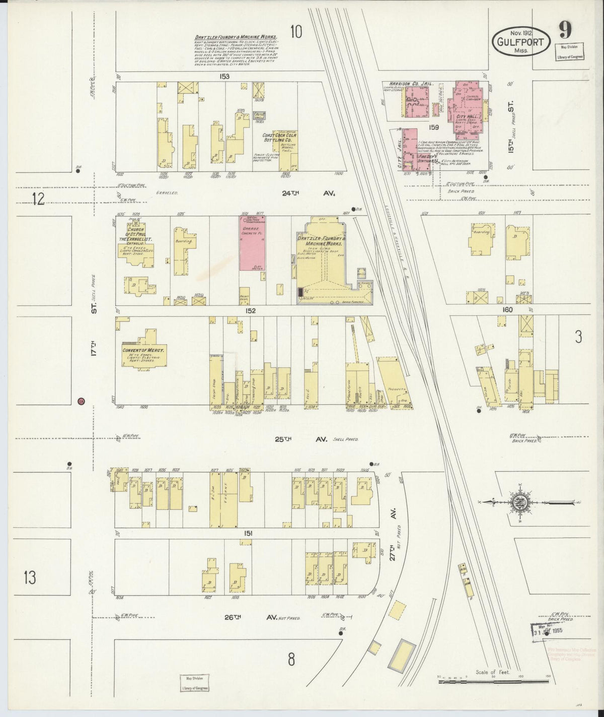 Sanborn Fire Insurance Map from Gulfport, Harrison County, Mississippi (1912), Sheet #0009 - Historic Sanborn Fire Insurance Map Print, vintage old map wall art, antique decor, genealogy gift, Mississippi Mississippi map